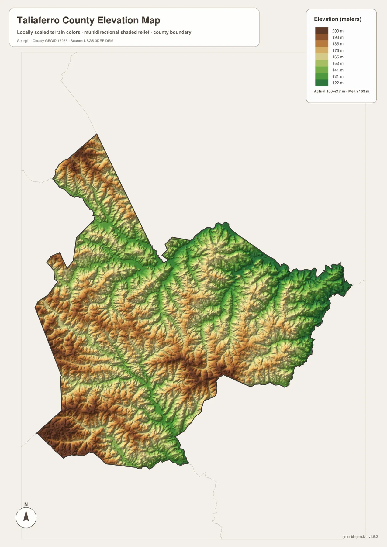 Taliaferro County elevation map showing an actual range of about 106 to 217 meters with higher western ridges and lower creek valleys