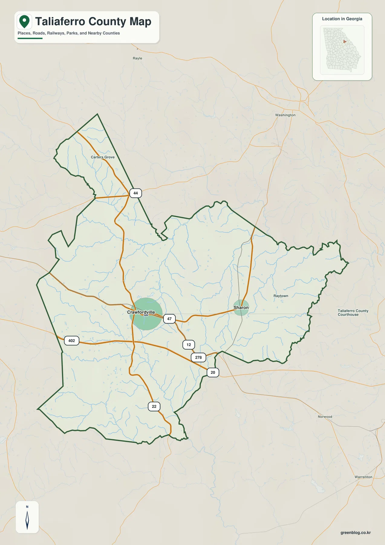 Taliaferro County map showing Crawfordville, Sharon, Carters Grove, Raytown, major numbered roads, and the county boundary