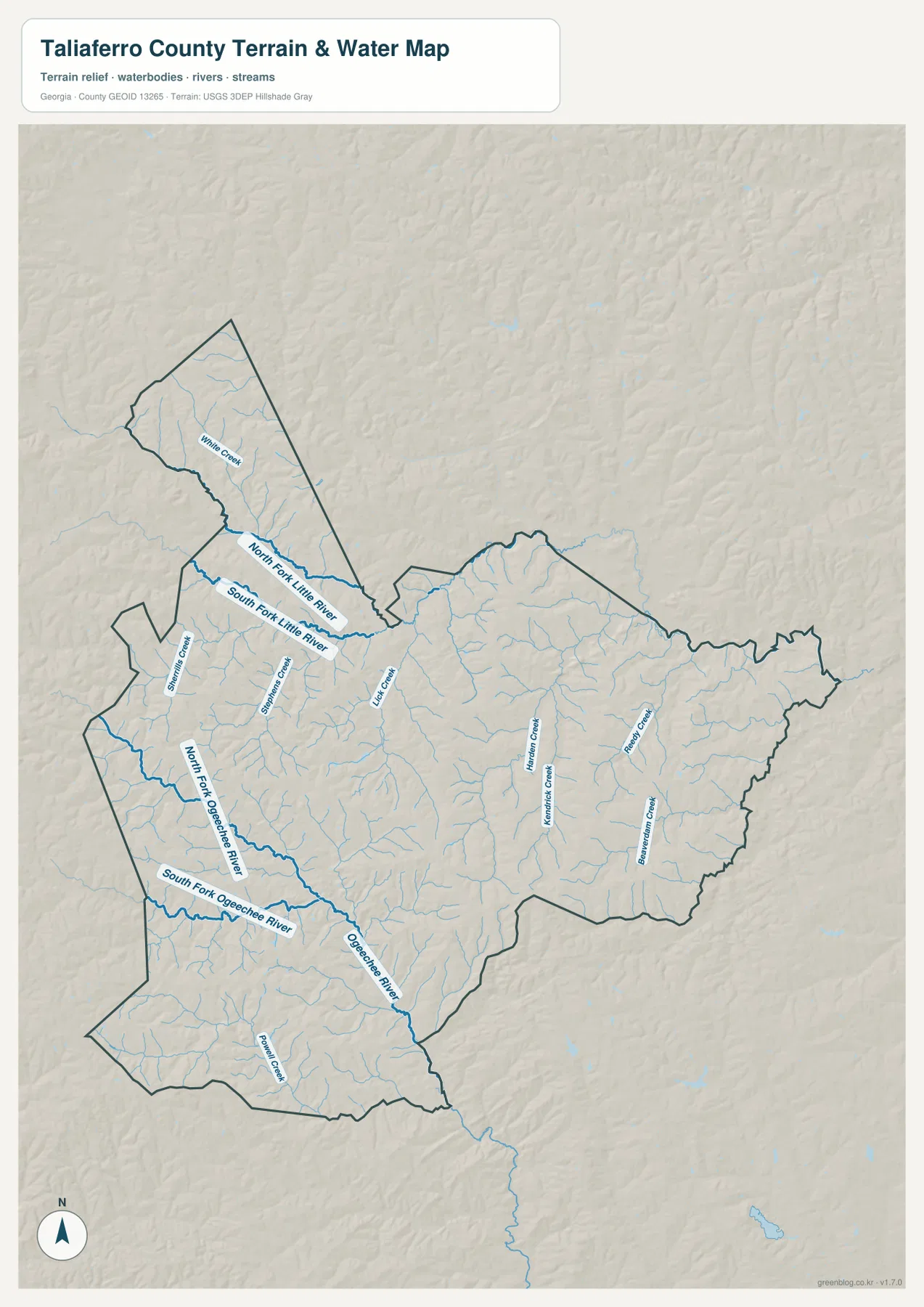 Taliaferro County water map showing North Fork Little River, South Fork Little River, Ogeechee River branches, and named creeks