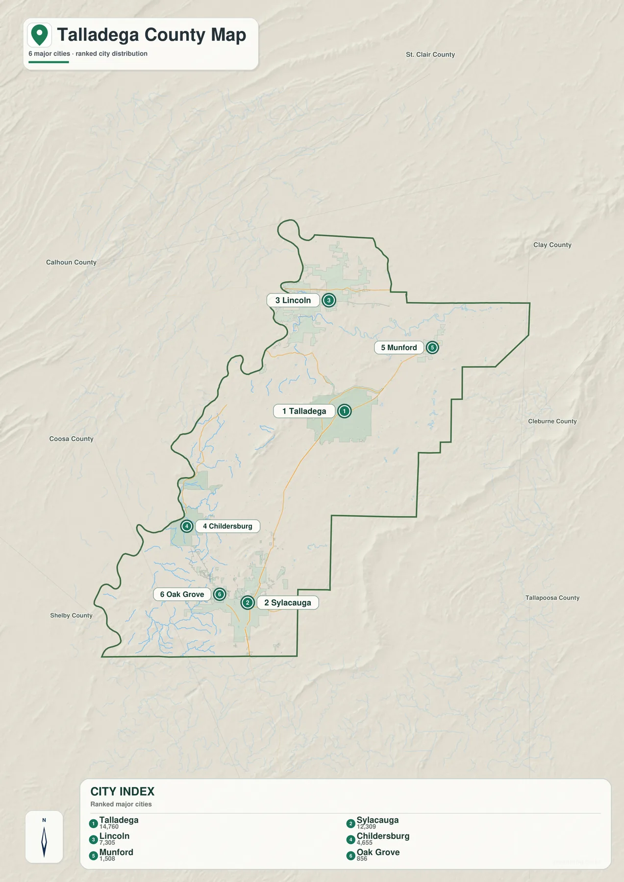 Talladega County의 Talladega, Sylacauga, Lincoln, Childersburg, Munford, Oak Grove를 순위로 표시한 도시 지도