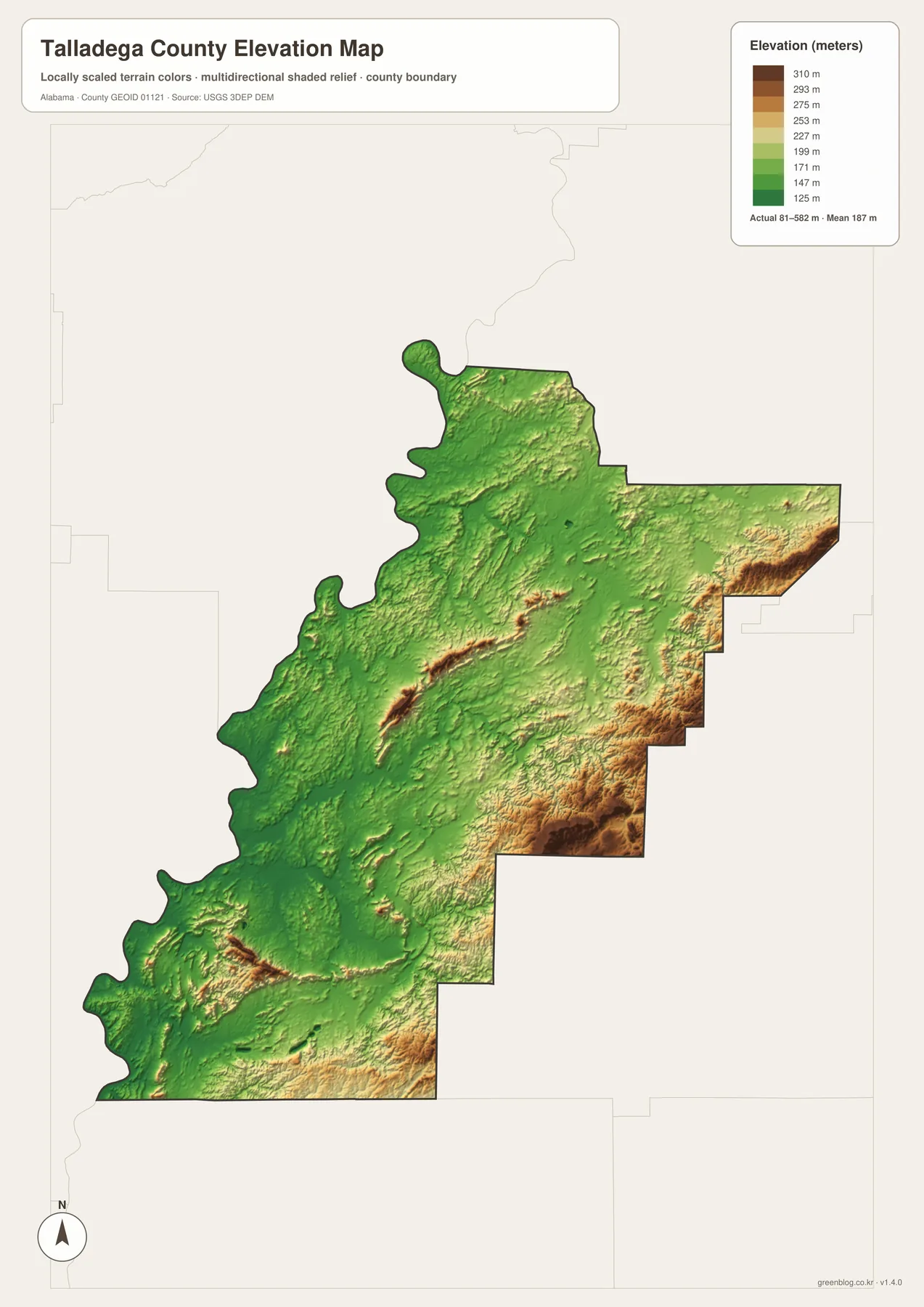Talladega County 실제 고도 81~582m와 평균 187m, 동부 높은 산지와 서쪽 낮은 지역을 보여 주는 지도