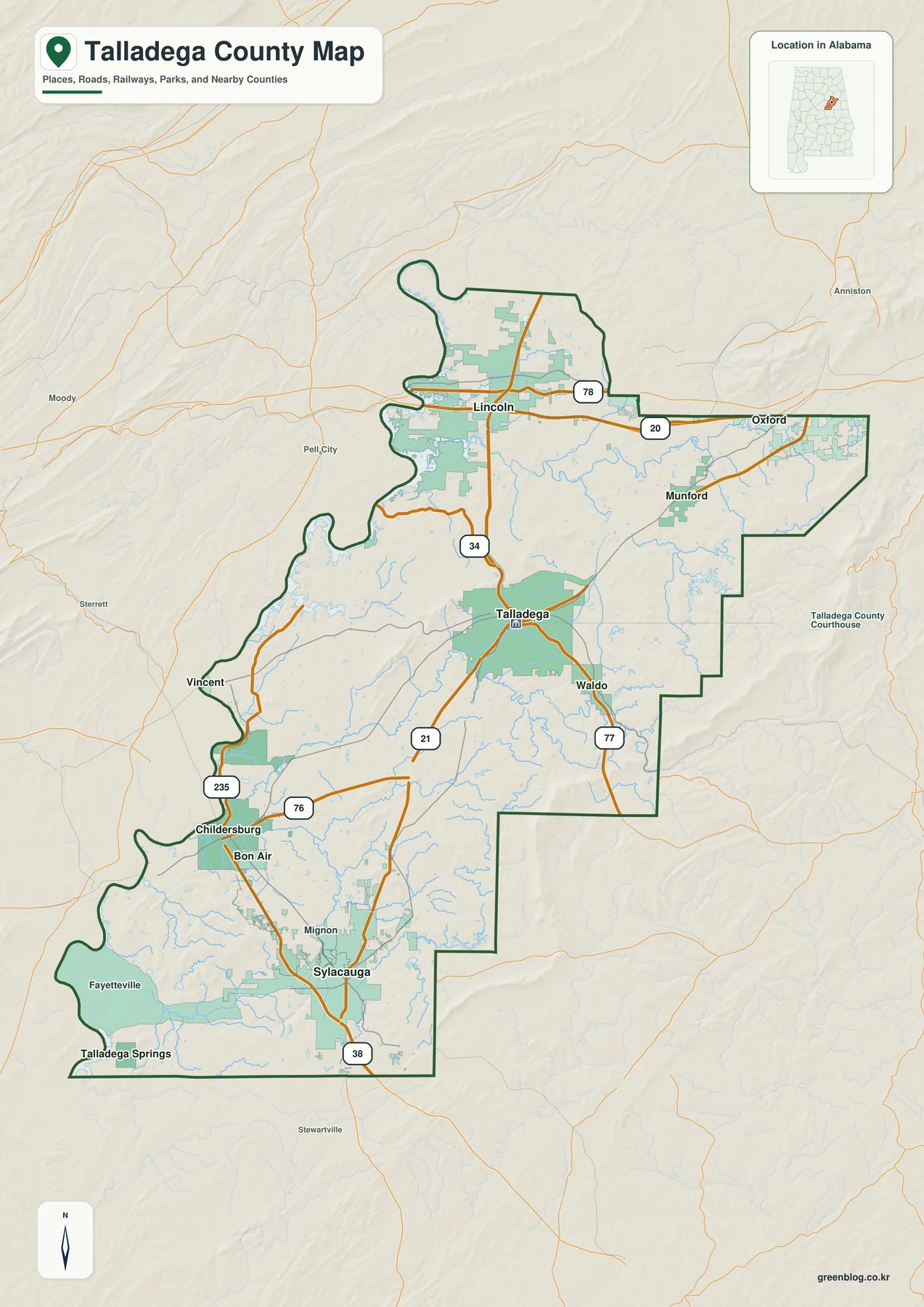 앨라배마 Talladega County 경계와 Talladega, Sylacauga, Lincoln, Childersburg, Munford 및 주요 도로를 표시한 지도