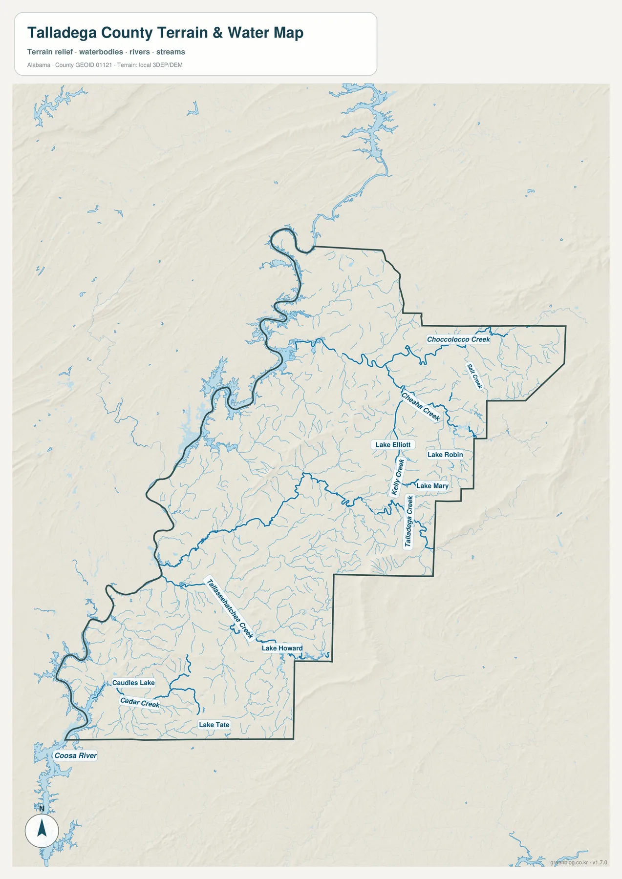 Talladega County의 Coosa River, Choccolocco Creek, Cheaha Creek, Talladega Creek, Cedar Creek와 여러 호수를 표시한 수역 지도