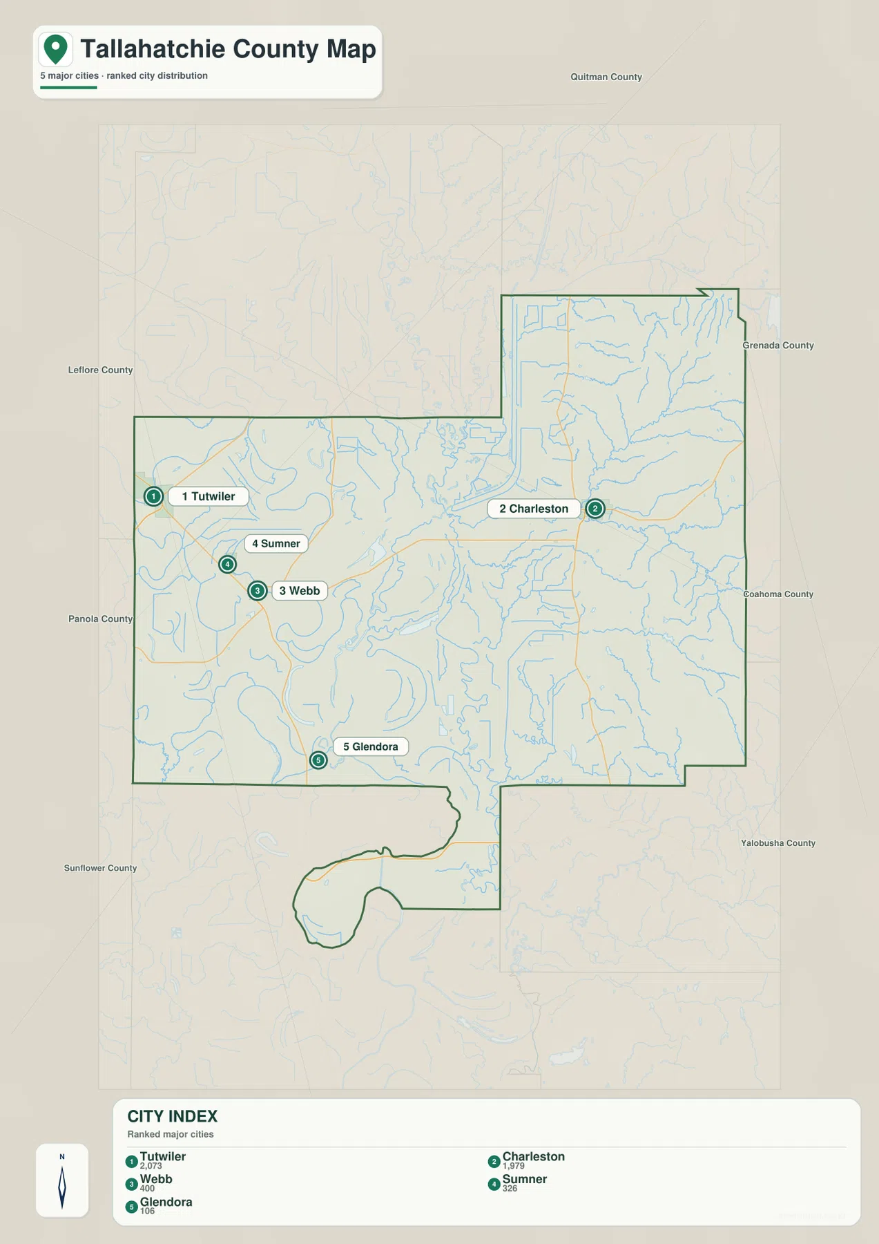 Tallahatchie County city map showing Tutwiler, Charleston, Webb, Sumner, and Glendora