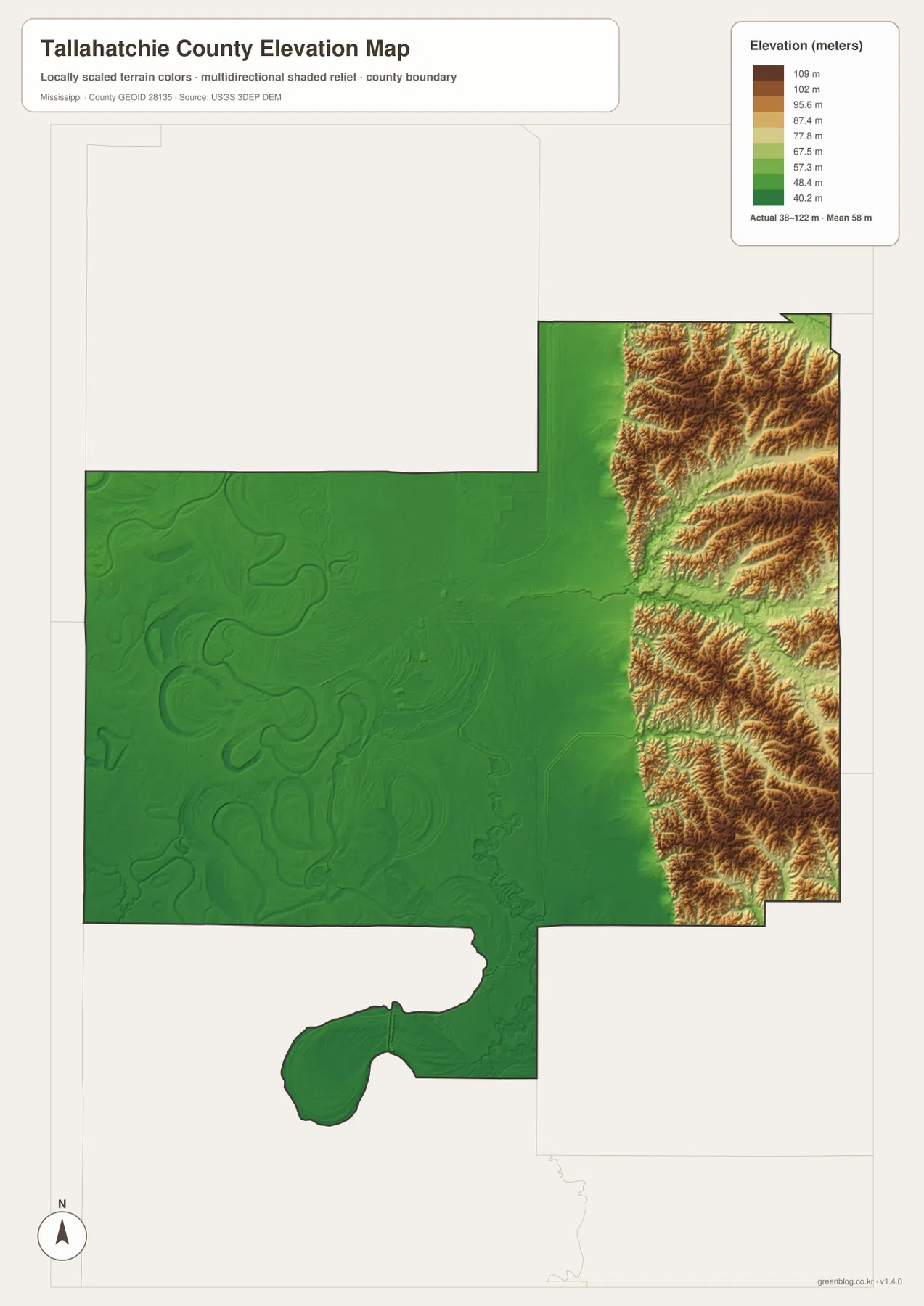 Tallahatchie County elevation map showing about 38 to 122 meters from Delta lowlands to eastern hills