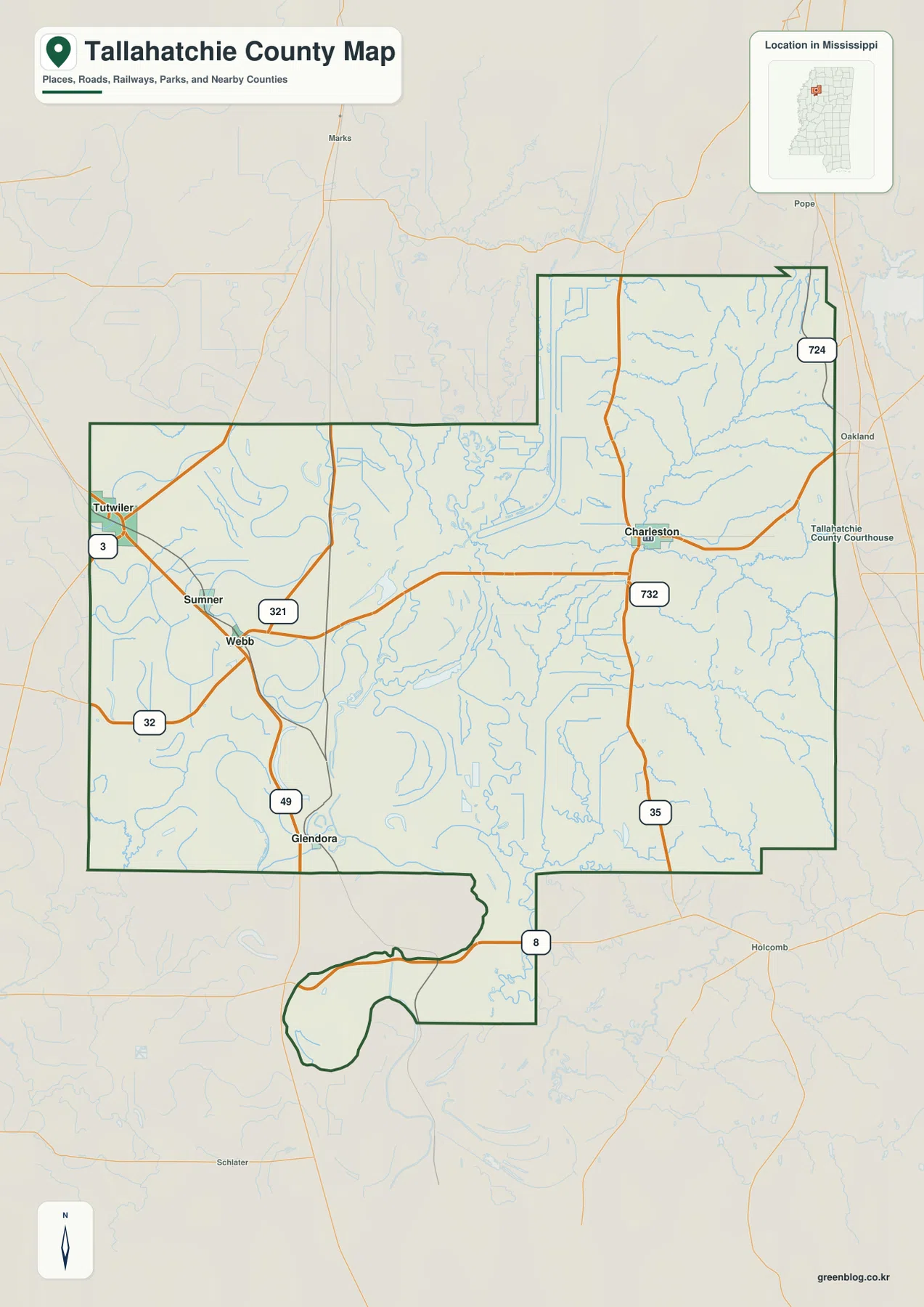 Tallahatchie County Mississippi map showing Charleston, Sumner, Tutwiler, Webb, US 49E, and major roads