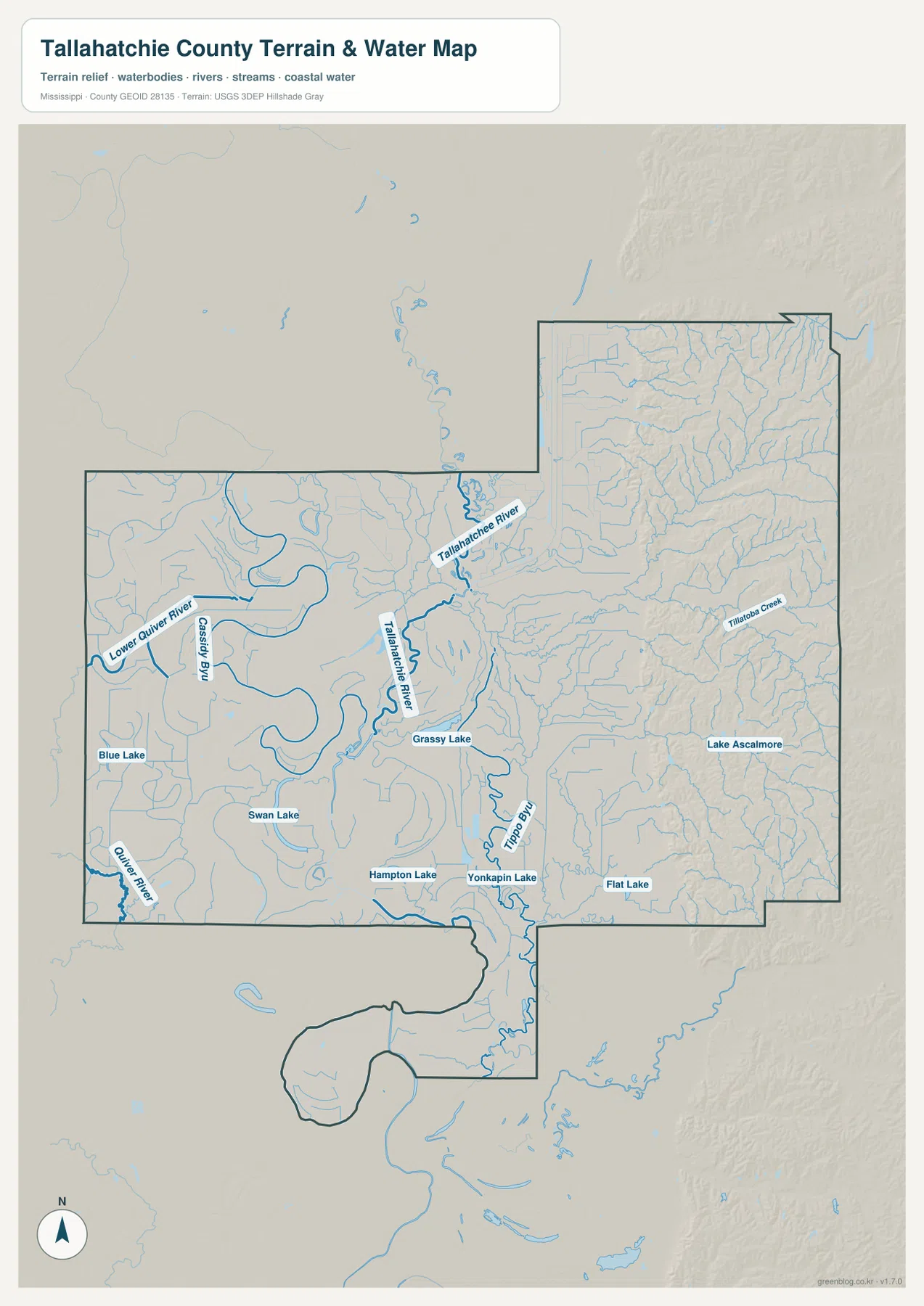 Tallahatchie County water map showing Tallahatchie River, Lower Quiver River, Tippo Bayou, Tillatoba Creek, and lakes