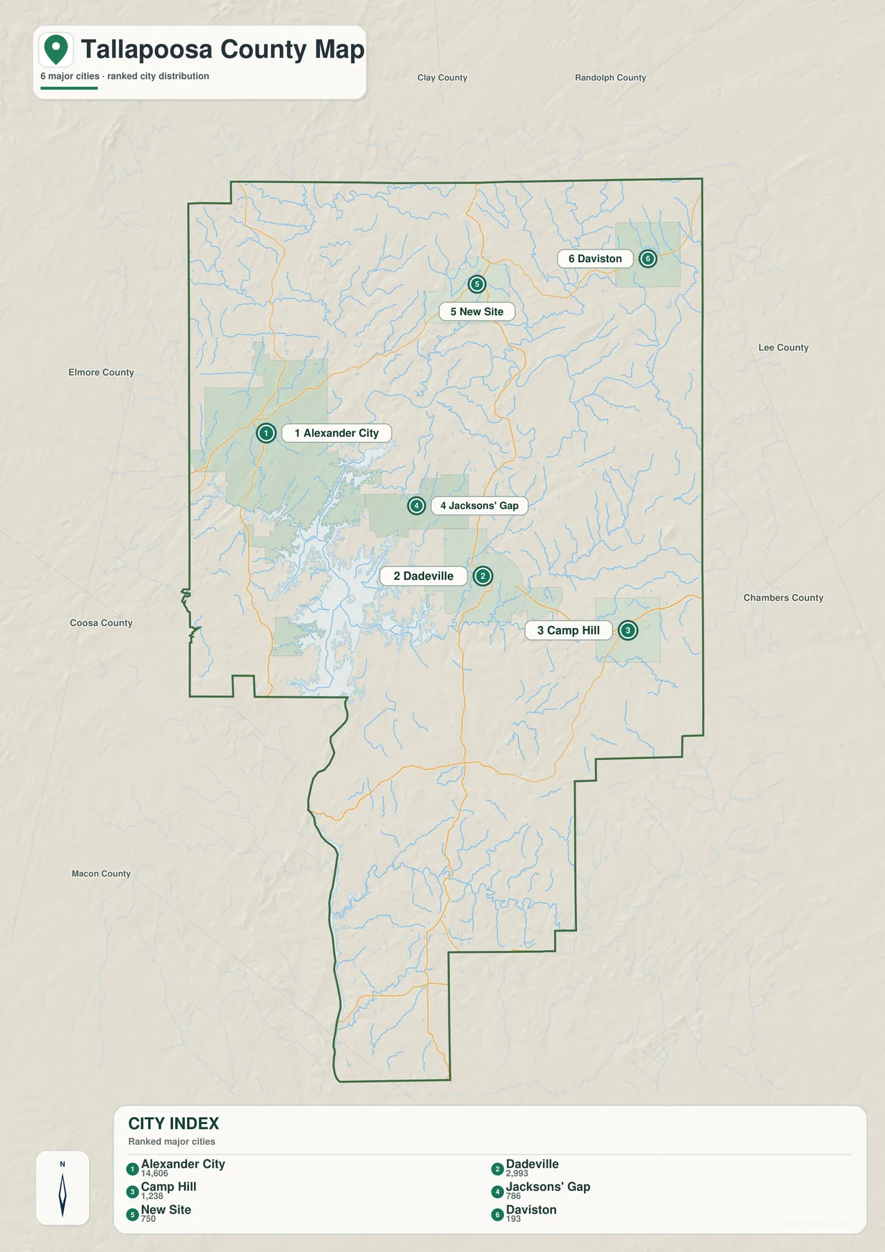 Tallapoosa County의 Alexander City, Dadeville, Camp Hill, Jackson's Gap, New Site, Daviston 6개 지역을 순위로 표시한 지도