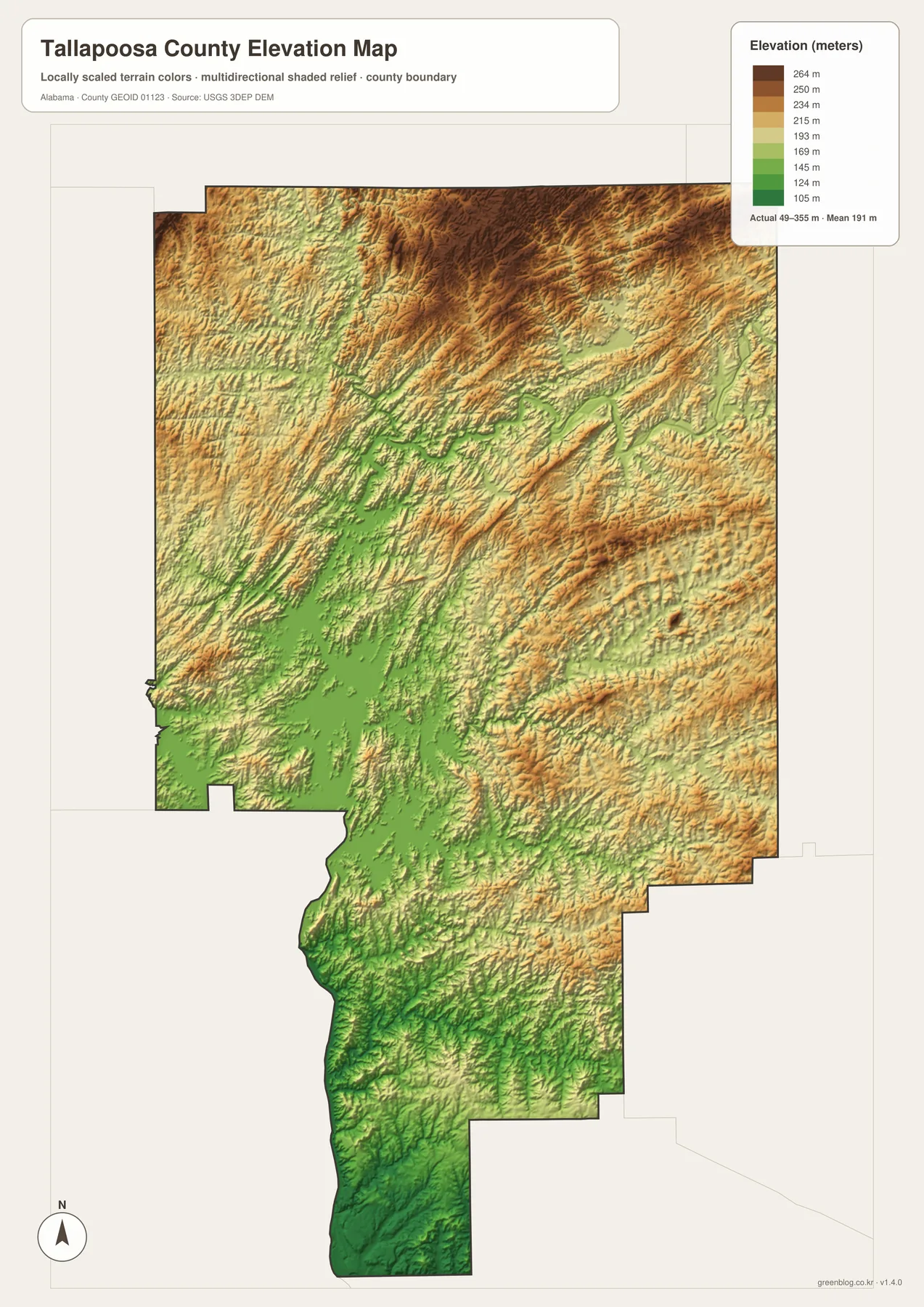 Tallapoosa County 실제 고도 49~355m와 평균 191m, 북동부 높은 구릉과 Lake Martin 주변 낮은 지형을 보여 주는 지도