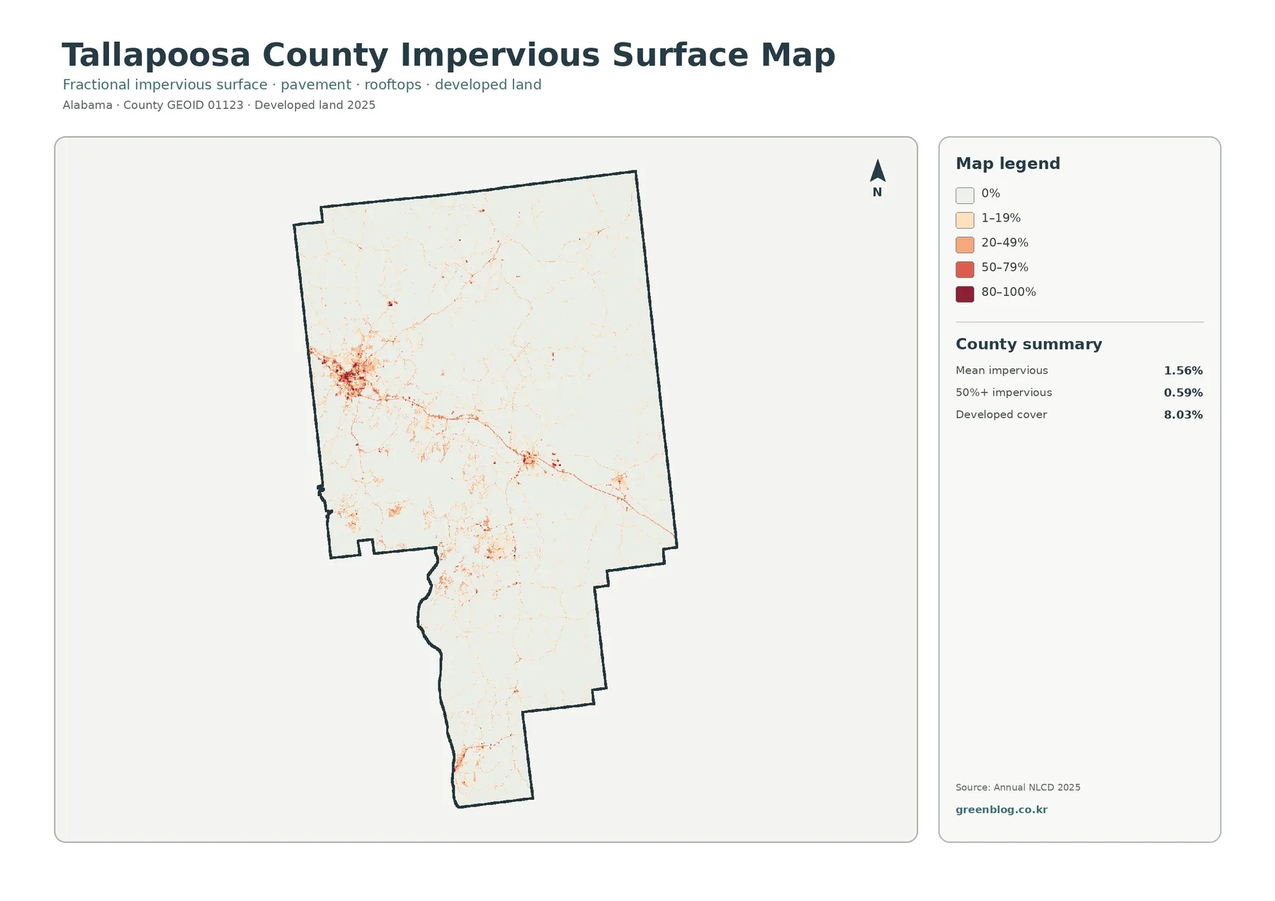 Tallapoosa County 불투수·개발지 지도