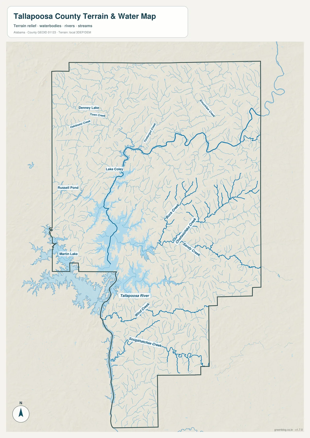 Tallapoosa County의 Lake Martin, Tallapoosa River, Town Creek, Buck Creek, Sandy Creek, Wynn Creek, Sougahatchee Creek와 여러 호수를 표시한 수역 지도