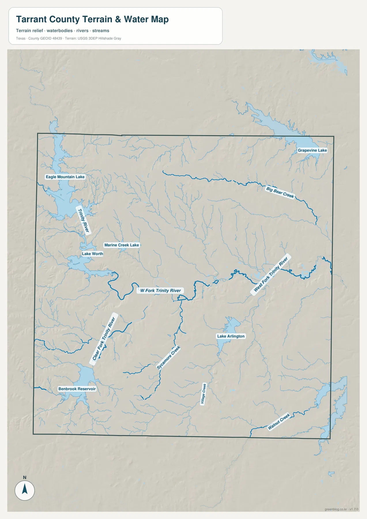 Tarrant County 수역 지도에 표시된 West Fork Trinity River, Clear Fork Trinity River, Eagle Mountain Lake, Grapevine Lake, Lake Arlington과 Benbrook Reservoir
