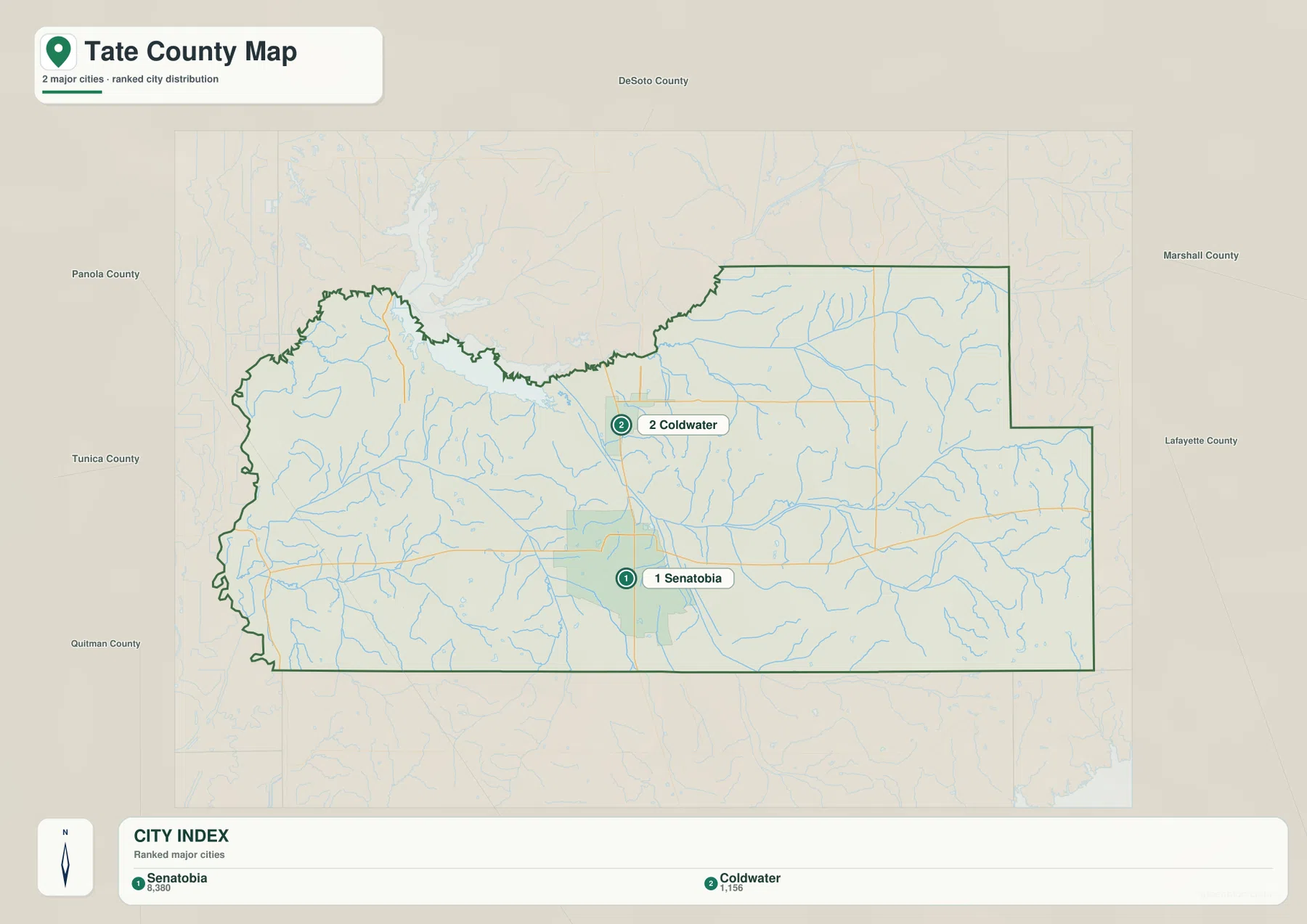 Tate County city map showing Senatobia and Coldwater with surrounding county references