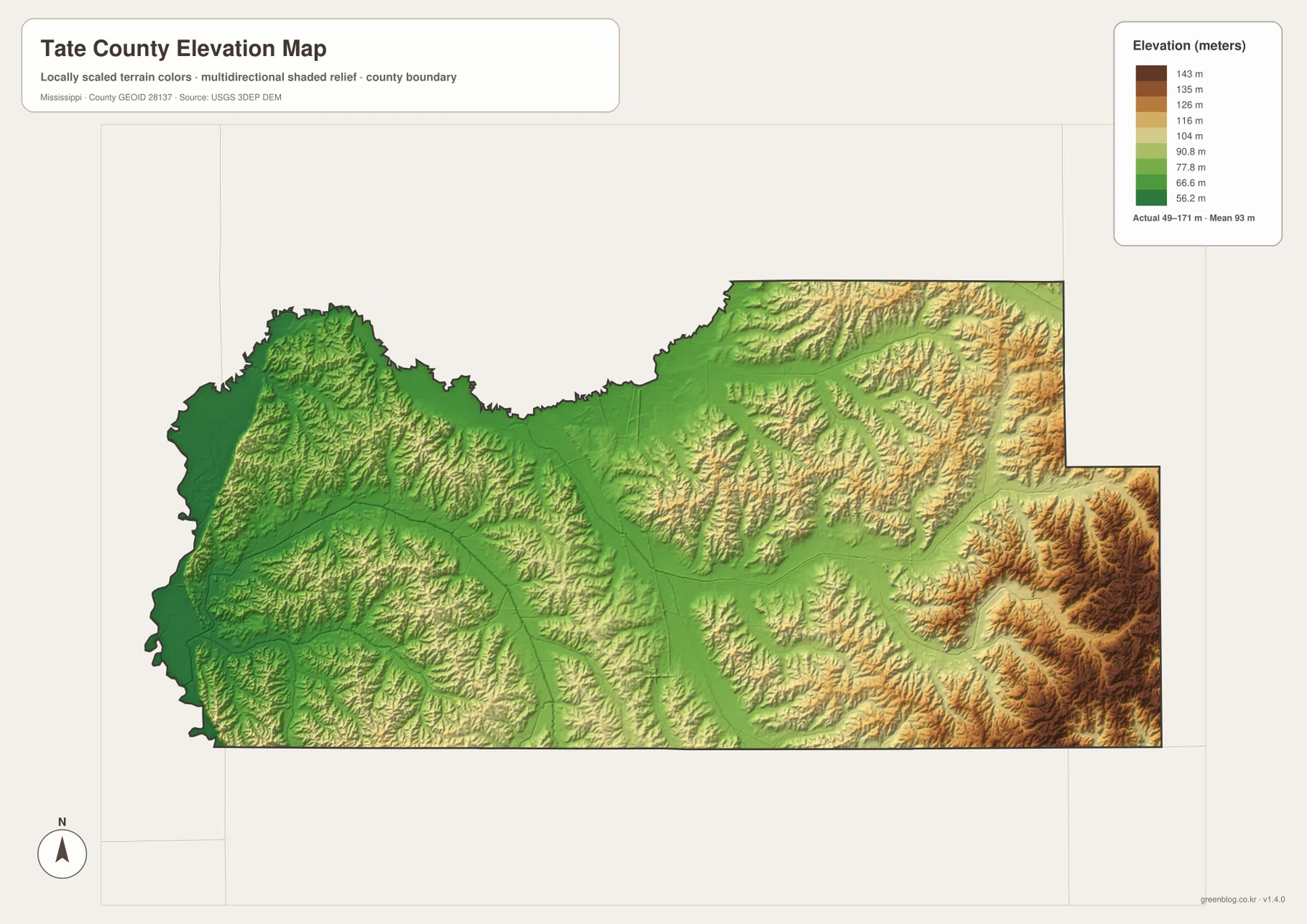 Tate County elevation map showing about 49 to 171 meters with a low central corridor and higher eastern hills