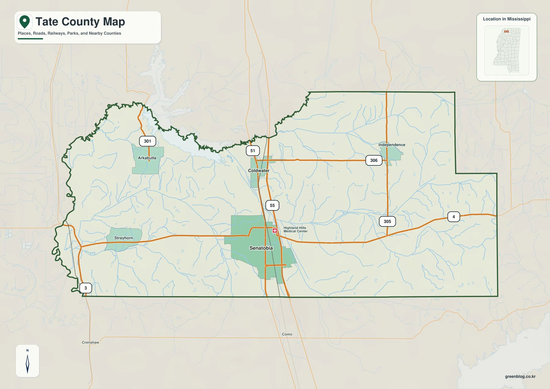 Tate County Mississippi map showing Senatobia, Coldwater, Independence, Arkabutla, I-55, and major roads