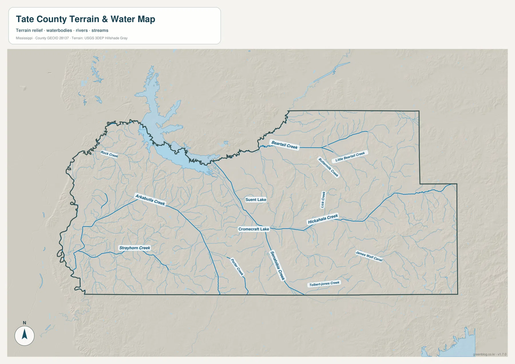 Tate County water map showing Arkabutla Lake, Hickahala Creek, Senatobia Creek, Strayhorn Creek, and other waterways