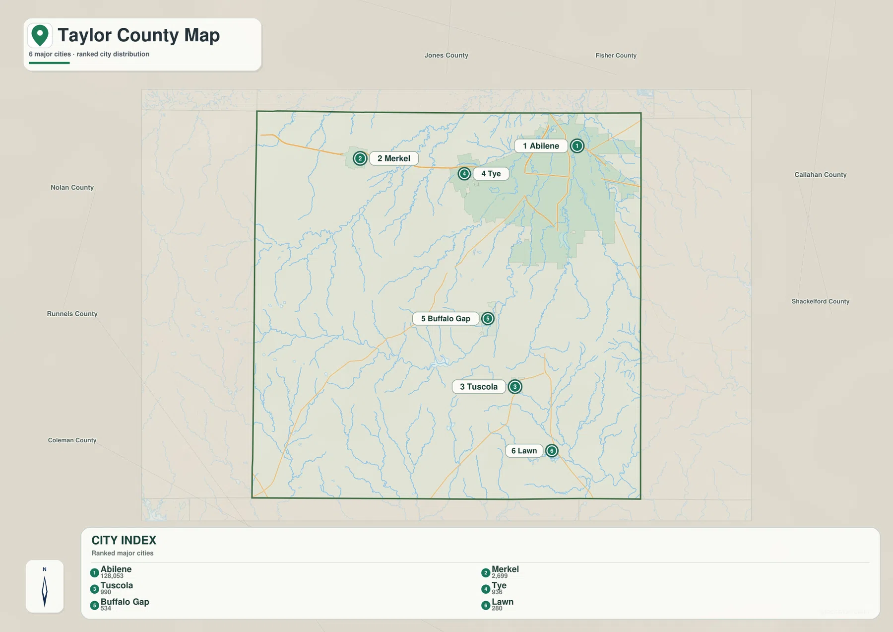 Taylor County 도시 지도에 표시된 Abilene, Merkel, Tuscola, Tye, Buffalo Gap, Lawn