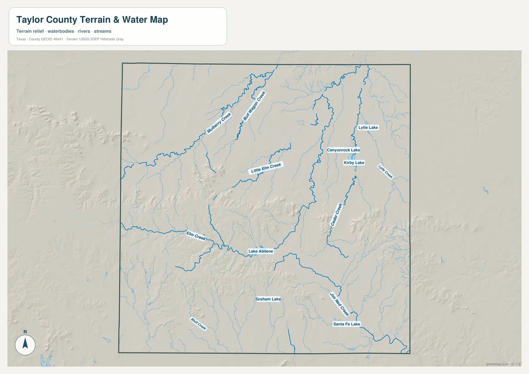 Taylor County 수역 지도에 표시된 Elm Creek, Jim Ned Creek, Lake Abilene, Lytle Lake, Kirby Lake와 Cedar Creek