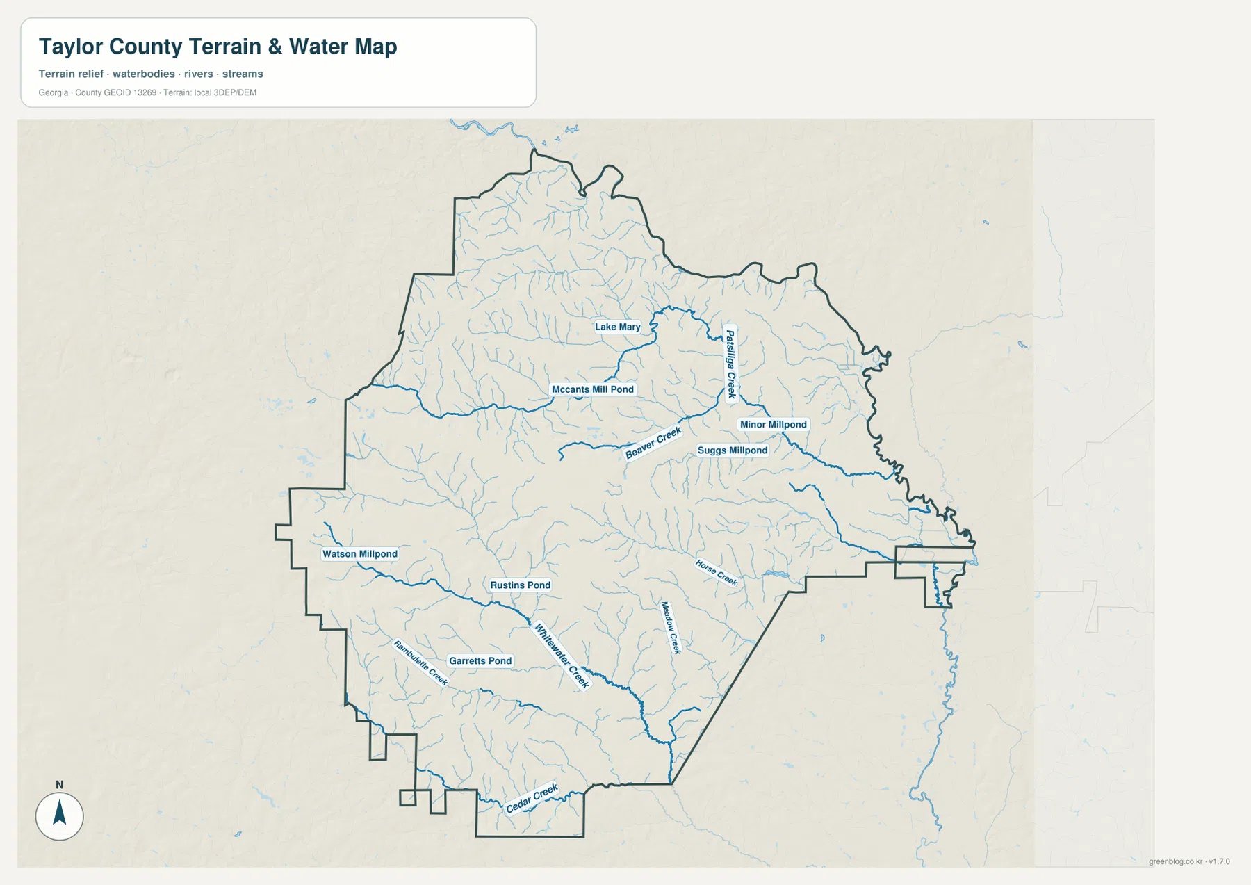 Patsiliga Creek, Beaver Creek, Whitewater Creek, Cedar Creek과 여러 연못을 표시한 테일러 카운티 수역 지도