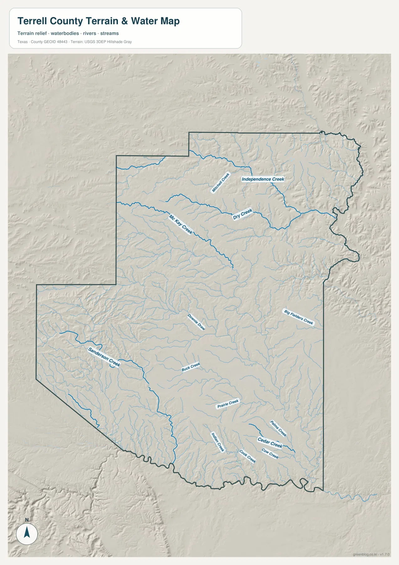 Terrell County 수역 지도에 표시된 Independence Creek, Dry Creek, McKay Creek, Sanderson Creek, Prairie Creek과 Cedar Creek