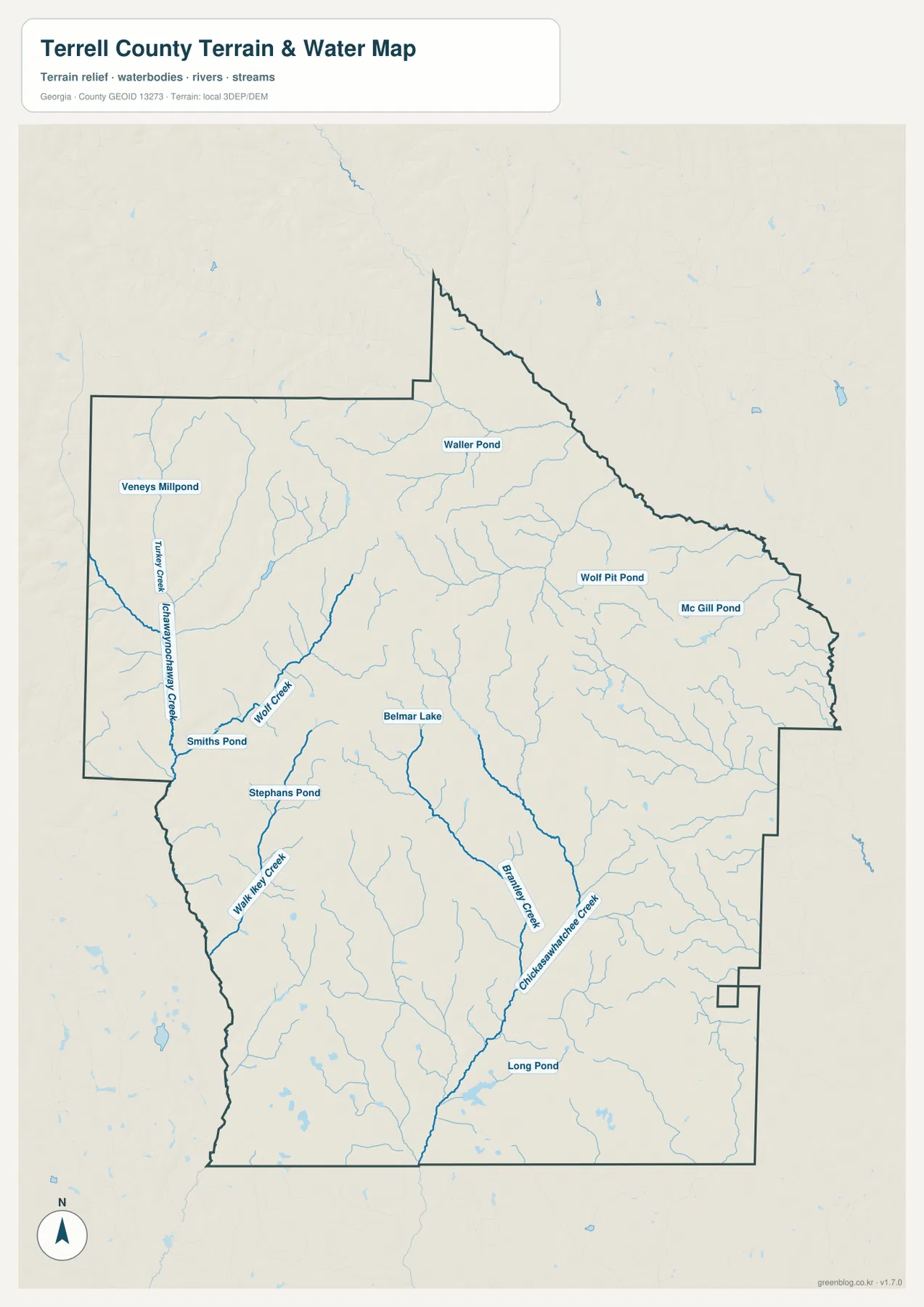 Wolf Creek, Brantley Creek, Chickasawhatchee Creek와 여러 연못을 표시한 터렐 카운티 수역 및 지형 지도