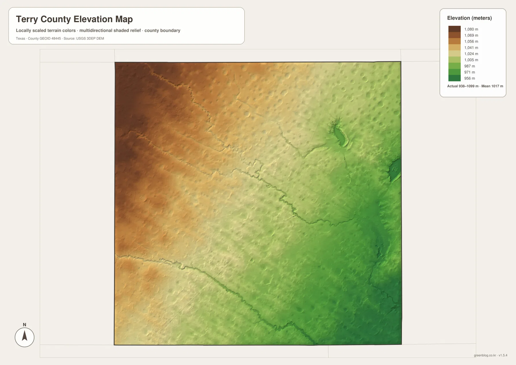 Terry County elevation map showing an actual range of about 938 to 1099 meters and a mean of 1017 meters