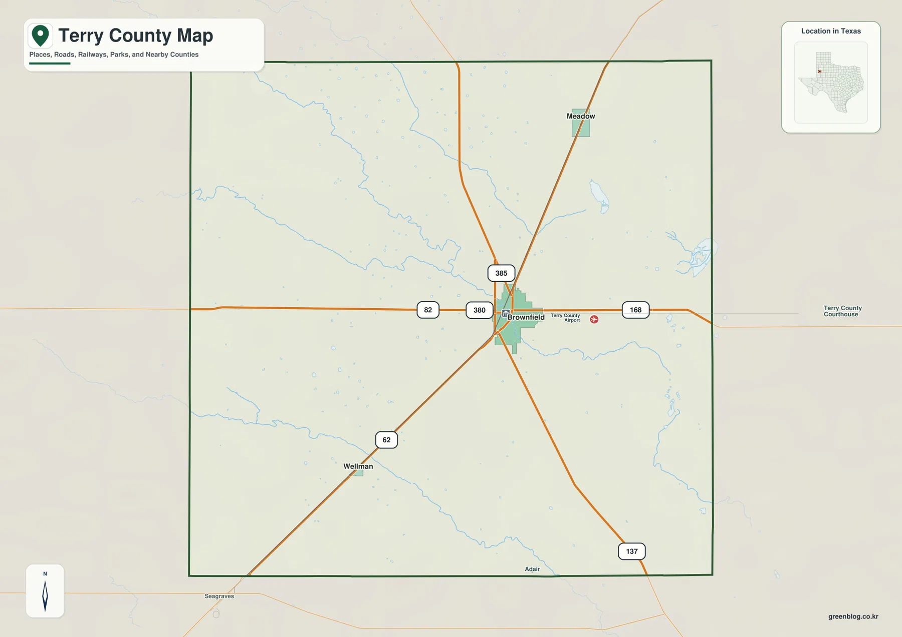 Terry County map showing Brownfield, Meadow, Wellman, route shields, and Terry County Airport