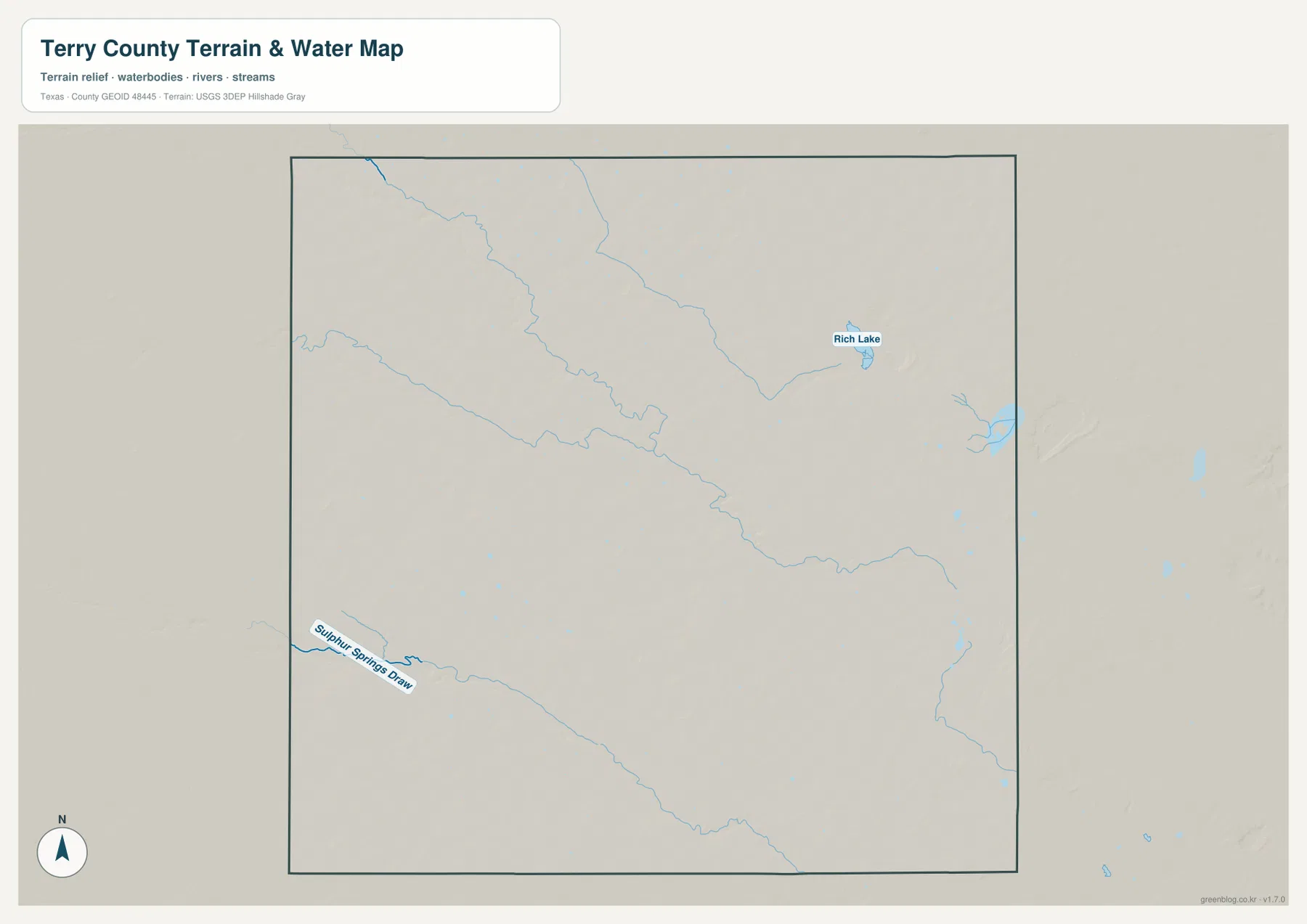 Terry County water map showing Rich Lake, Sulphur Springs Draw, and shallow drainage lines