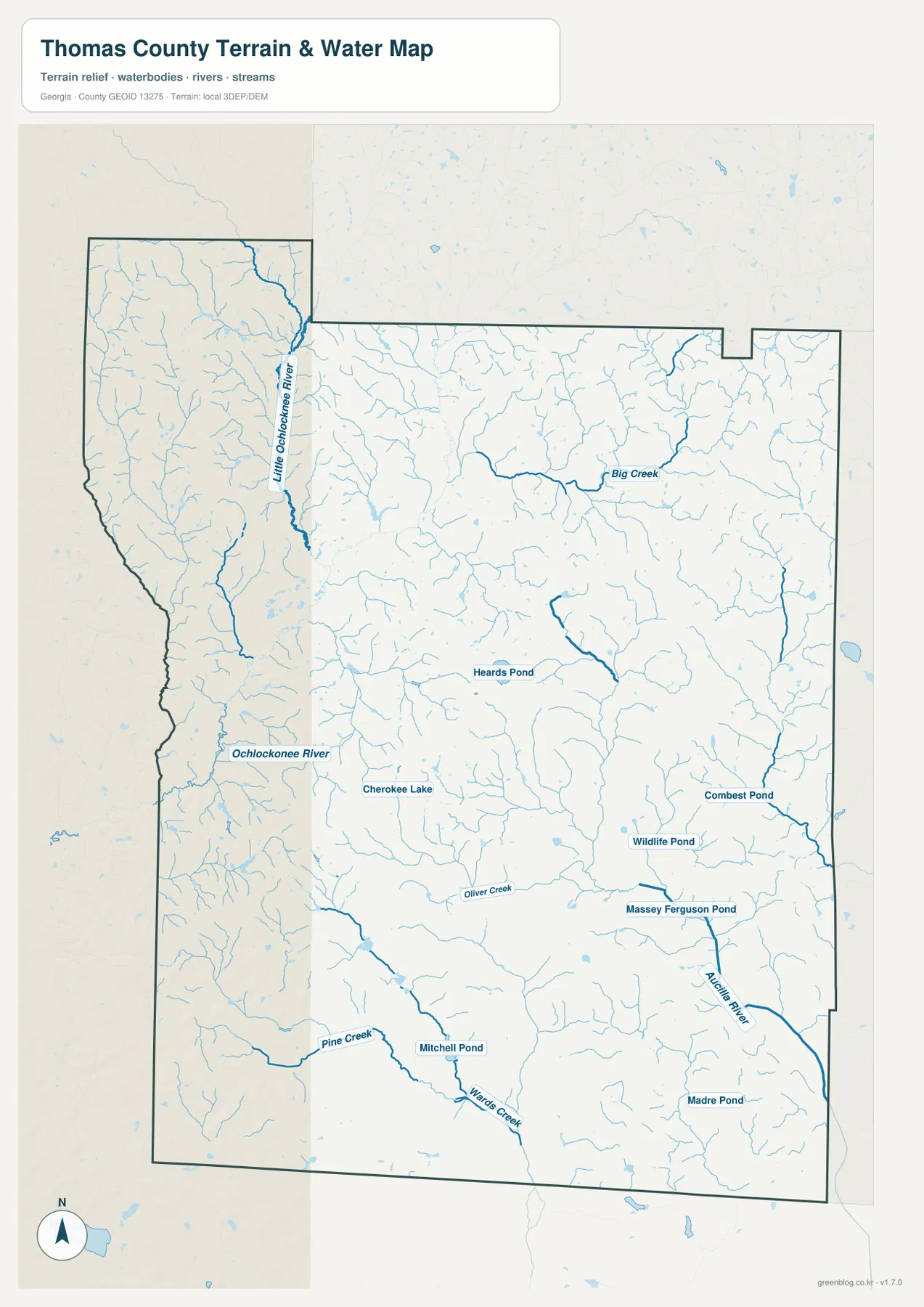 Ochlockonee River, Little Ochlockonee River, Aucilla River, Big Creek와 여러 연못이 표시된 토머스 카운티 수역·지형 지도