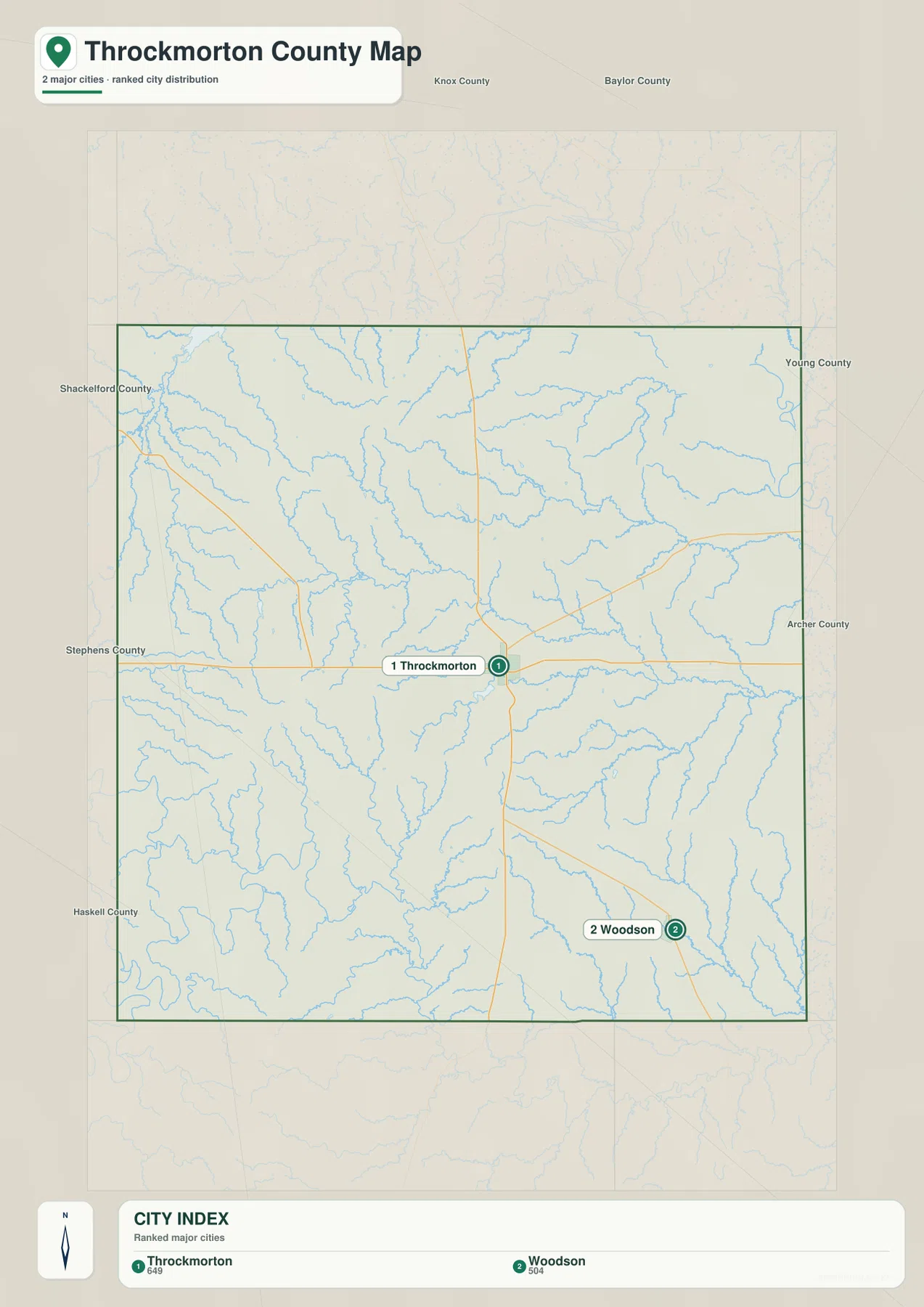 Throckmorton County city map highlighting Throckmorton and Woodson as the two ranked major cities