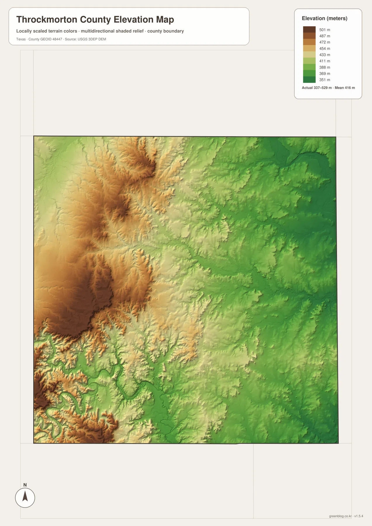 Throckmorton County elevation map showing an actual range of about 337 to 529 meters and a mean of 416 meters