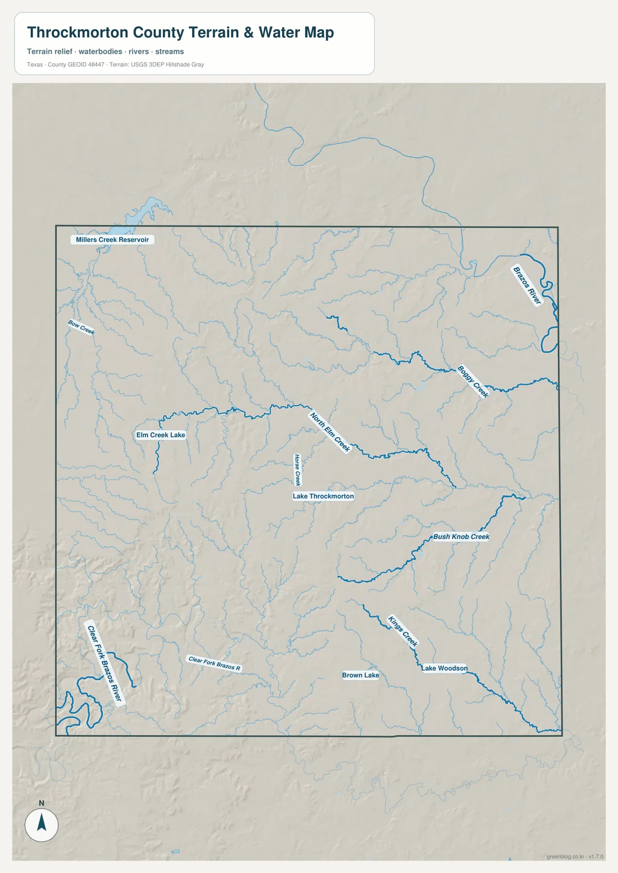 Throckmorton County water map showing Clear Fork Brazos River, North Elm Creek, Lake Throckmorton, Lake Woodson, Elm Creek Lake, and Millers Creek Reservoir