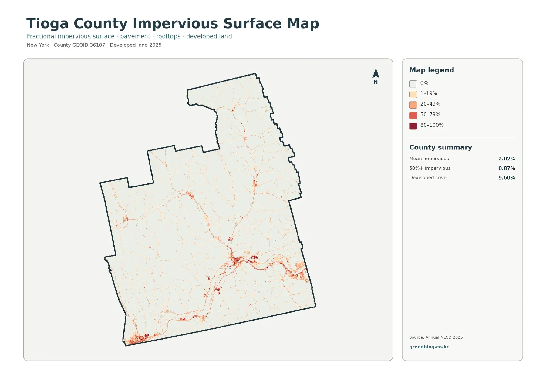 Tioga County 불투수·개발지 지도