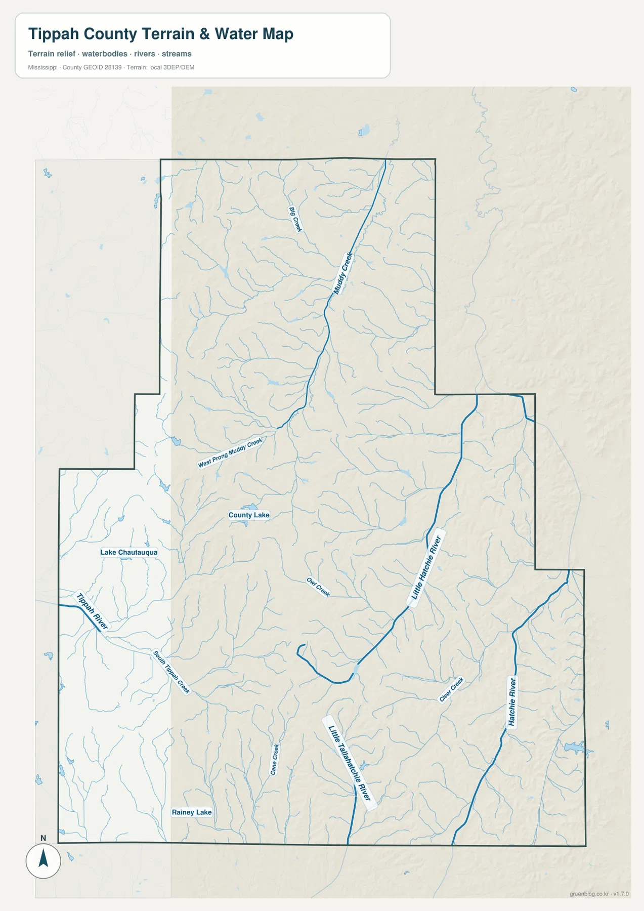 Tippah County 수역 지도 - Little Hatchie River, Hatchie River, Tippah River, Little Tallahatchie River와 호수