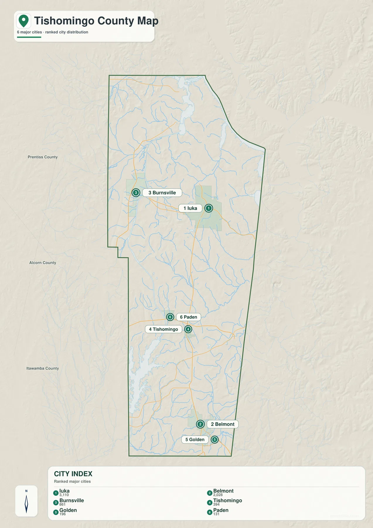 Tishomingo County 도시 지도 - Iuka, Belmont, Burnsville, Tishomingo, Golden, Paden