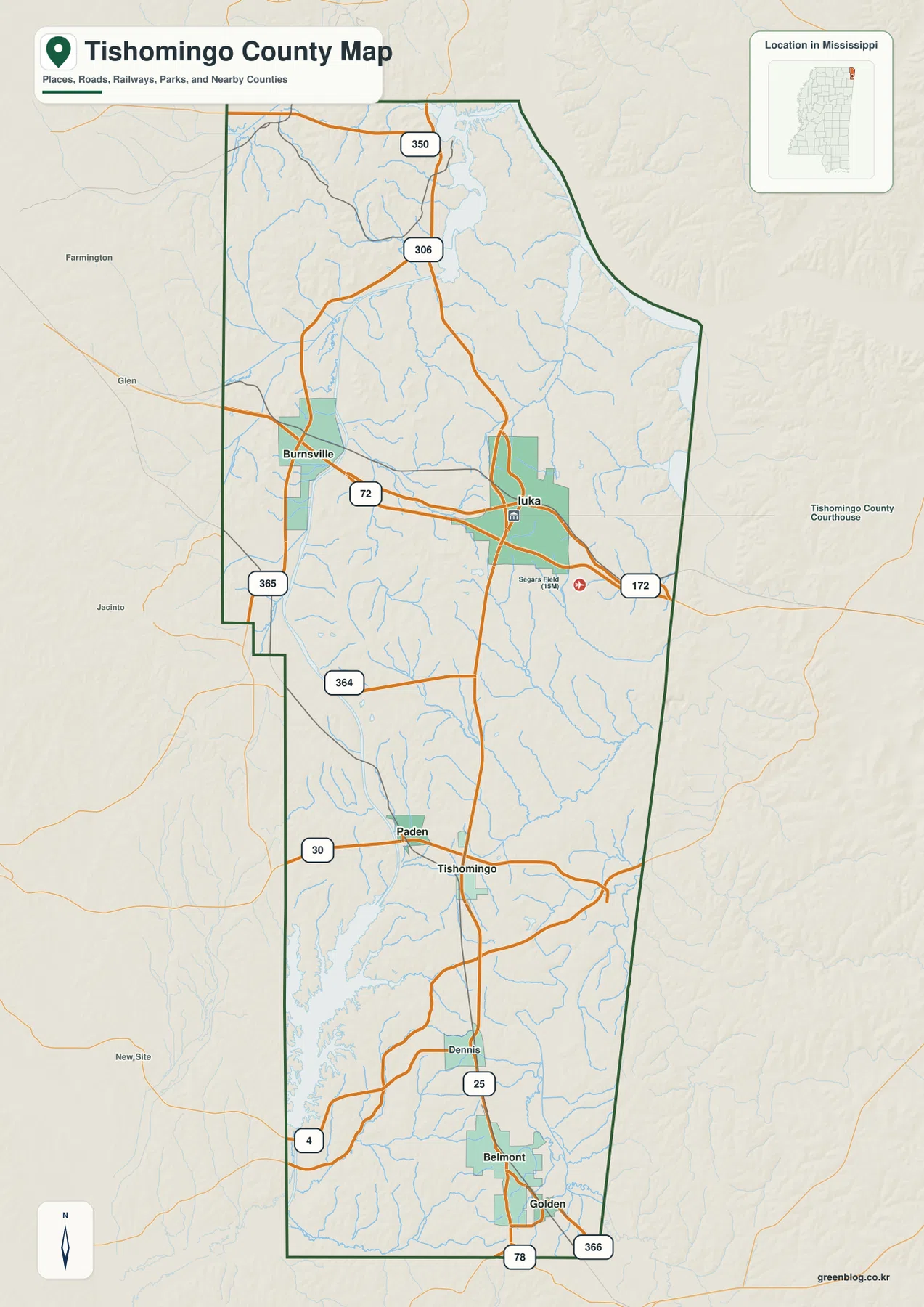 미시시피주 티쇼밍고 카운티 지도 - Iuka, Burnsville, Tishomingo, Belmont, US 72와 MS 25
