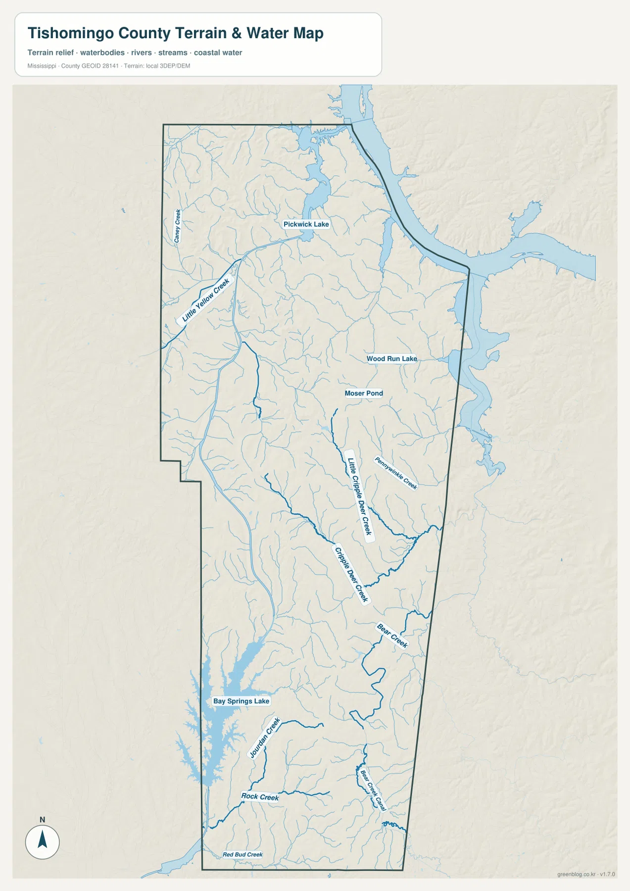 Tishomingo County 수역 지도 - Pickwick Lake, Bay Springs Lake, Little Yellow Creek, Bear Creek, Rock Creek
