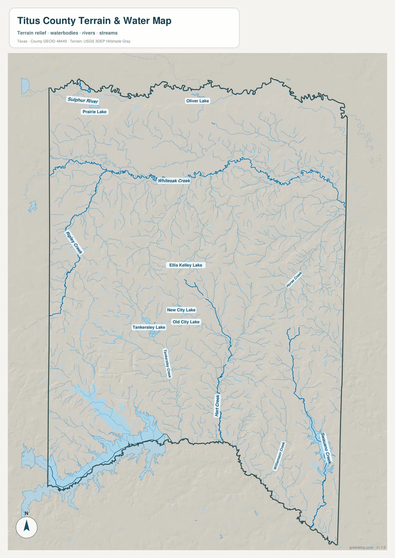 Titus County 수역 지도에 표시된 Sulphur River, Whiteoak Creek, Prairie Lake, Oliver Lake, Tankersley Lake와 Hart Creek