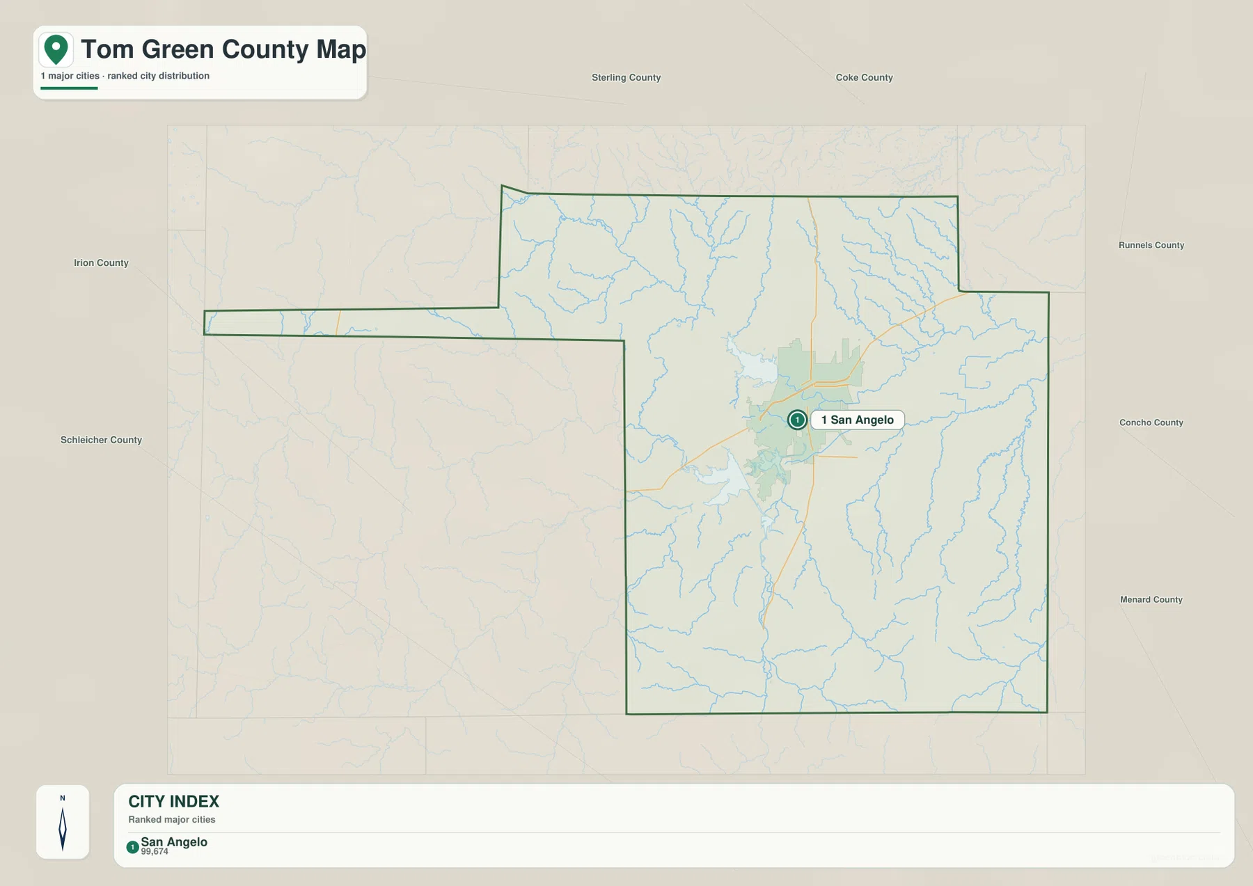 Tom Green County 도시 지도에서 주요 도시로 표시된 San Angelo