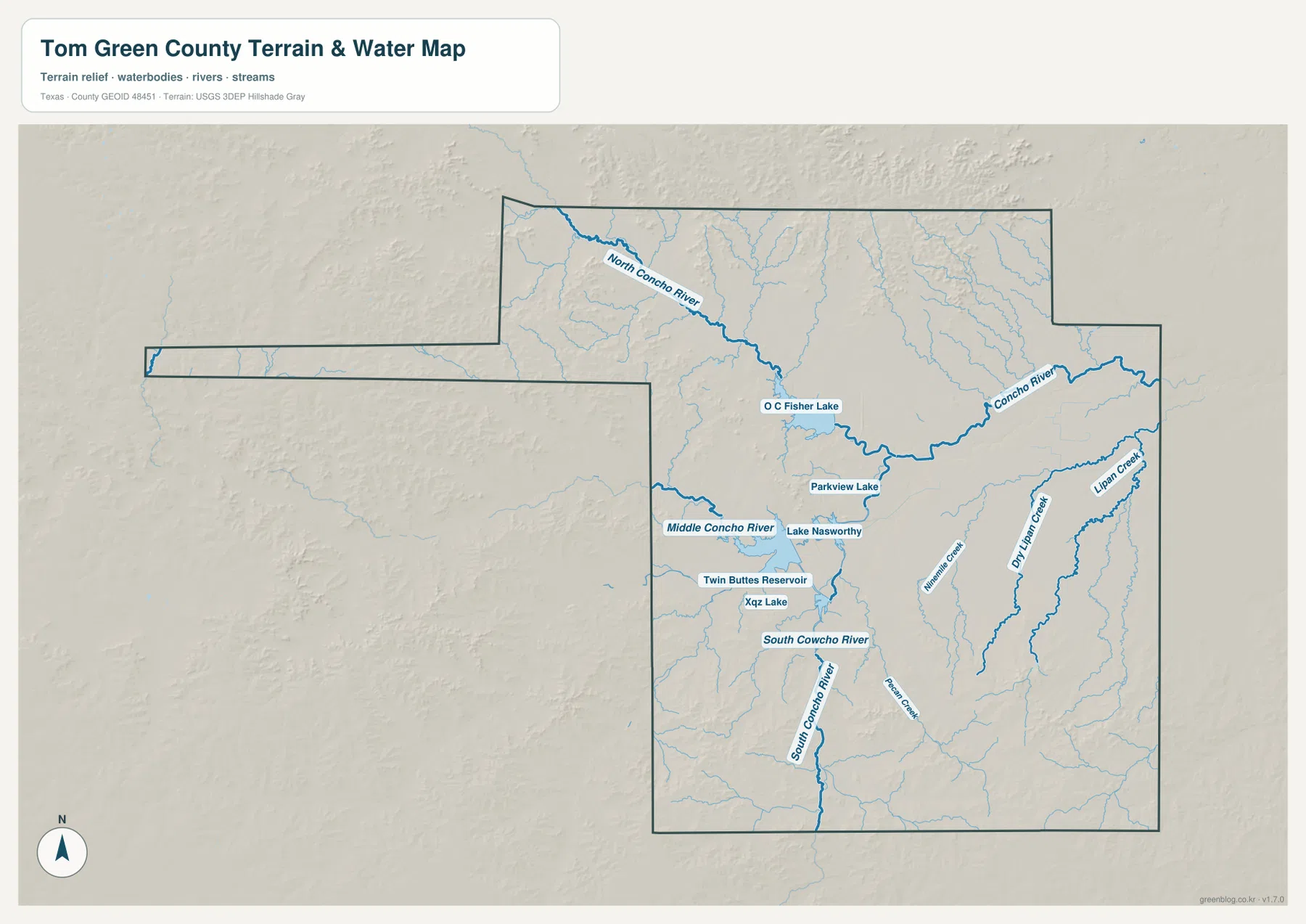 Tom Green County 수역 지도에 표시된 North Concho River, Middle Concho River, South Concho River, O C Fisher Lake와 Twin Buttes Reservoir