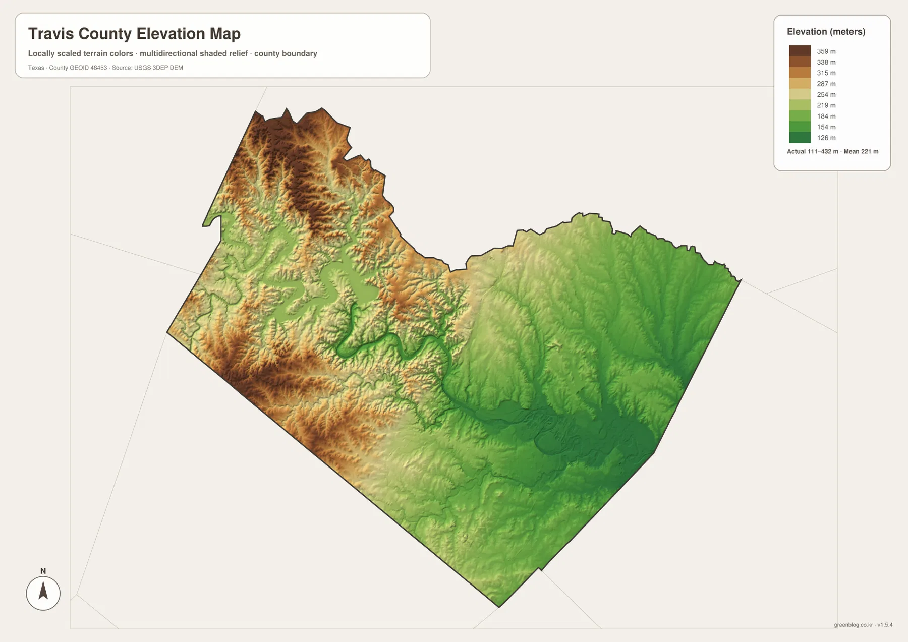 Travis County elevation map showing an actual range of about 111 to 432 meters and a mean of 221 meters
