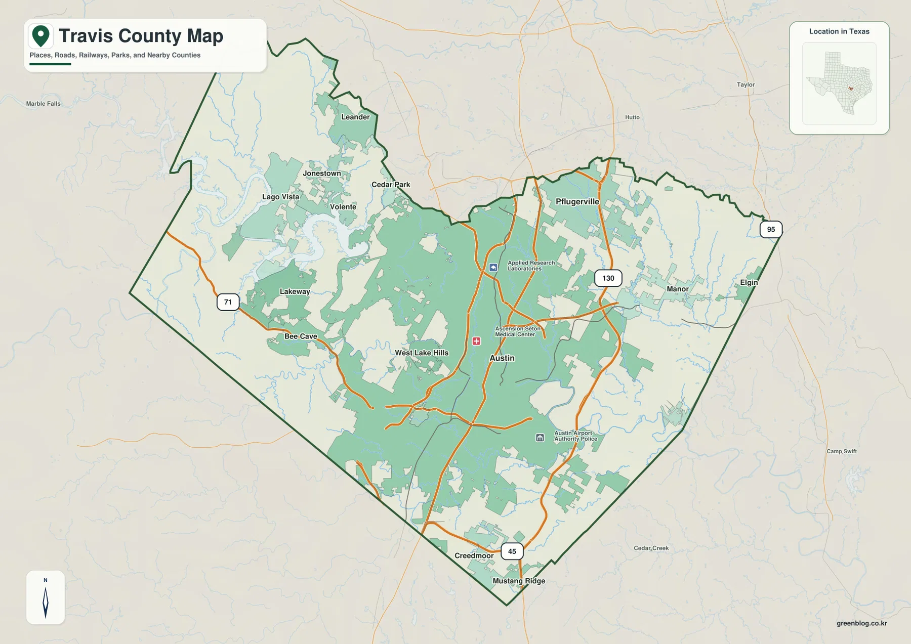 Travis County map showing Austin, Pflugerville, Manor, Lakeway, Bee Cave, Lago Vista, and major roads