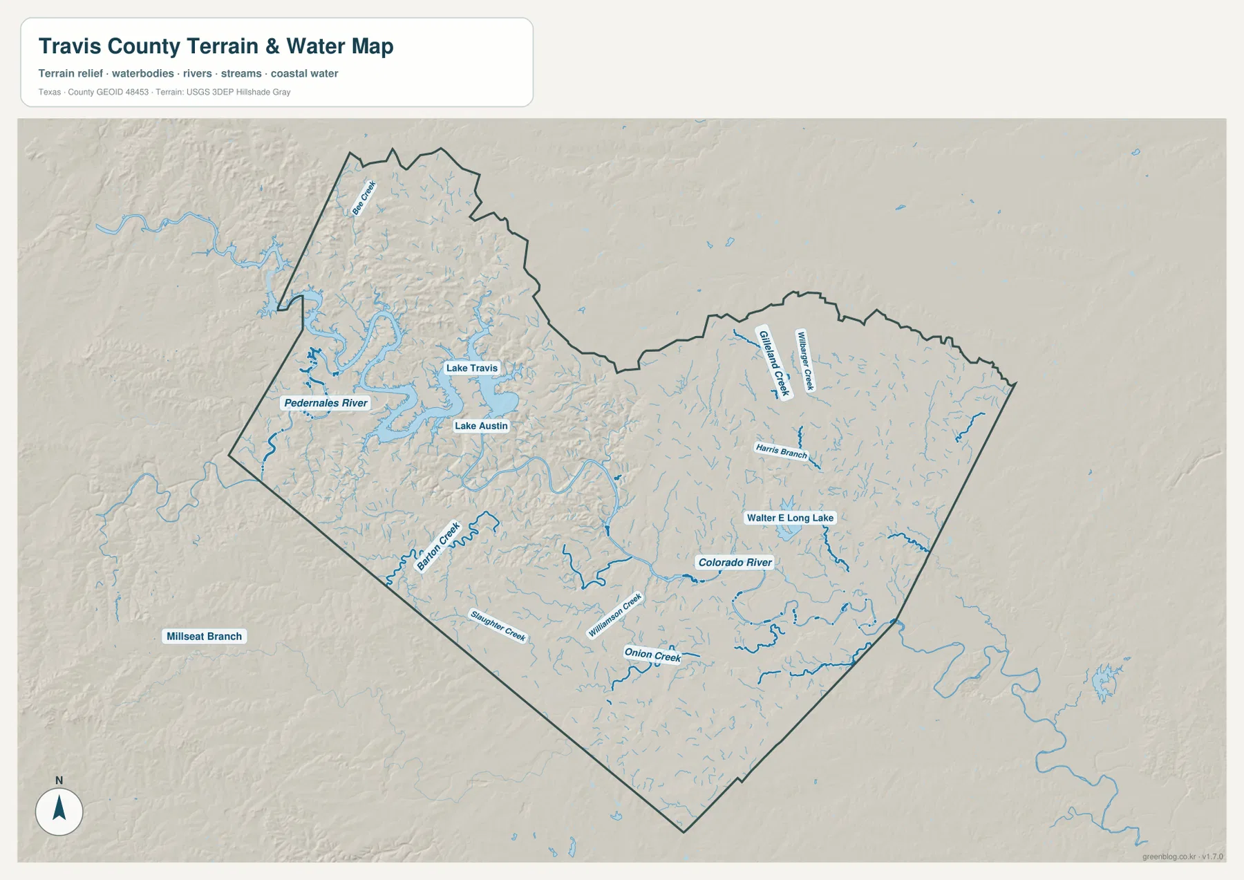 Travis County water map showing Lake Travis, Lake Austin, Colorado River, Pedernales River, Walter E. Long Lake, Barton Creek, and Onion Creek