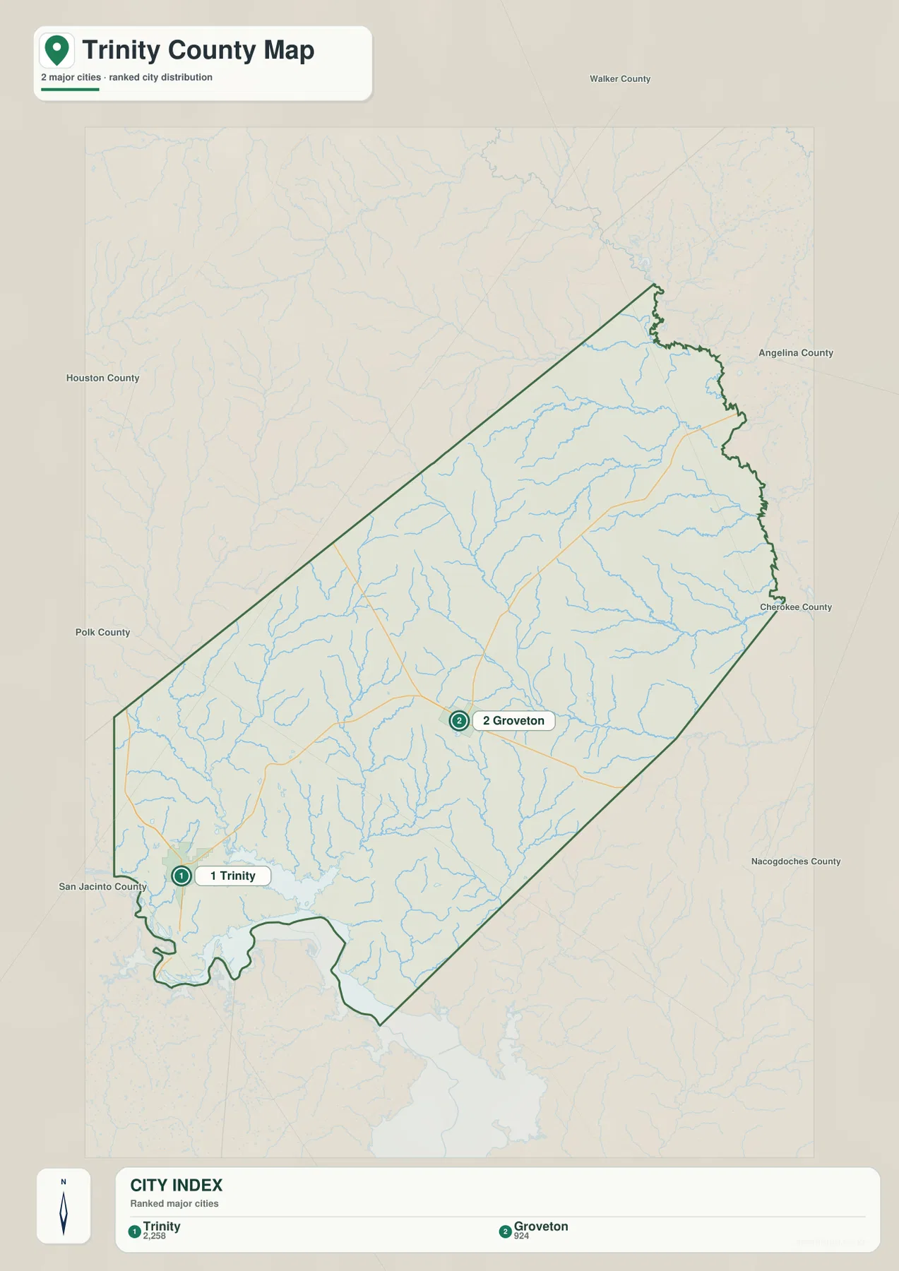 Trinity County city map showing Trinity as the number 1 ranked city and Groveton as number 2
