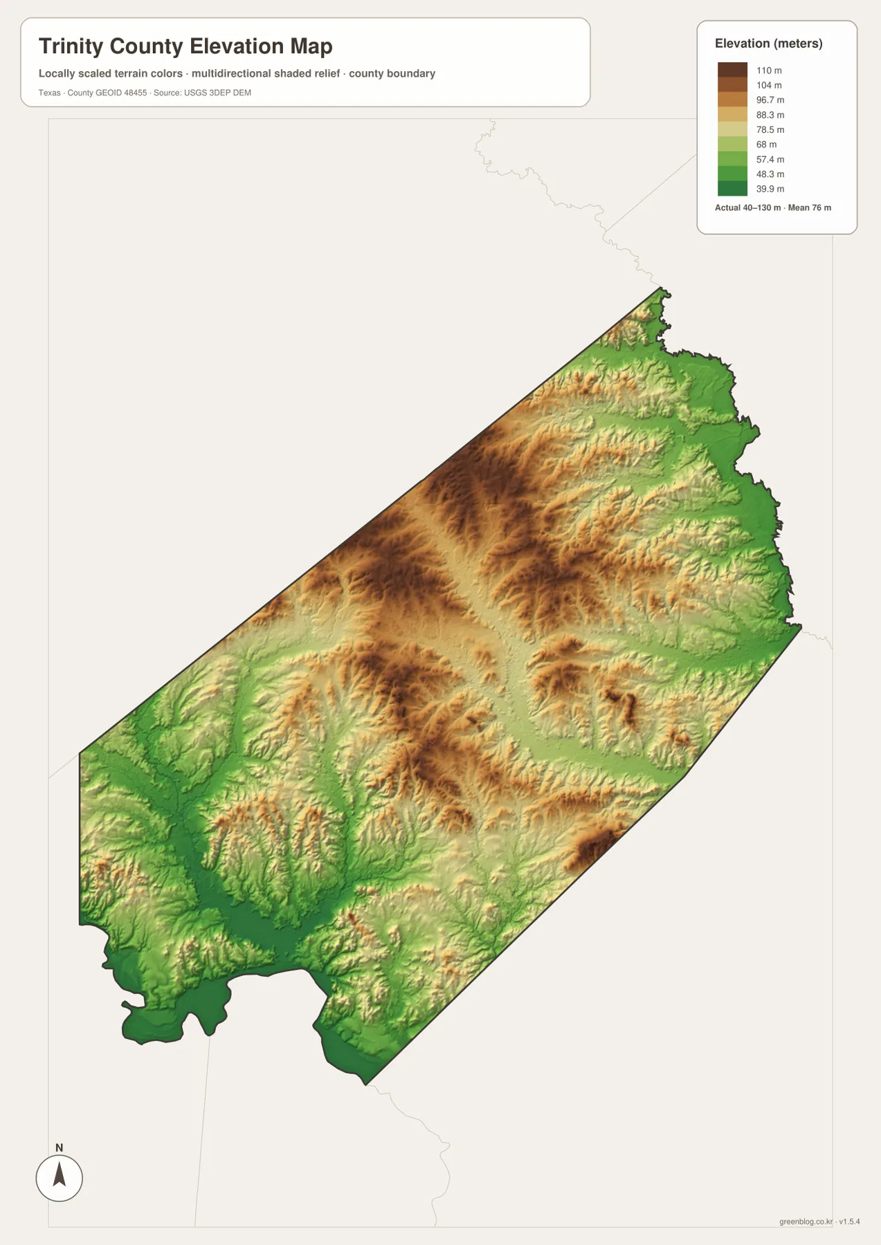 Trinity County elevation map showing an actual range of about 40 to 130 meters and a mean of 76 meters