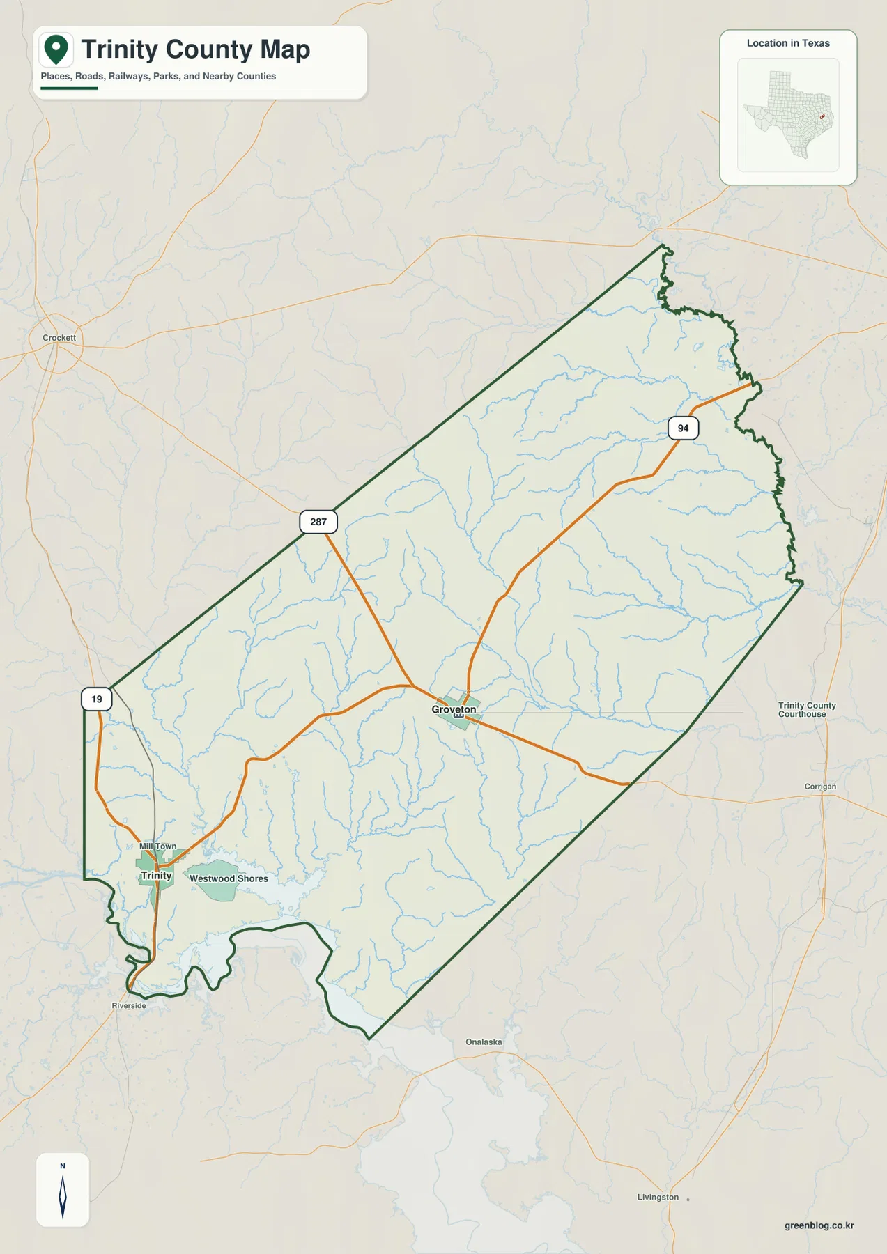 Trinity County Texas map showing Groveton, Trinity, Westwood Shores, Riverside, and routes 287, 94, and 19