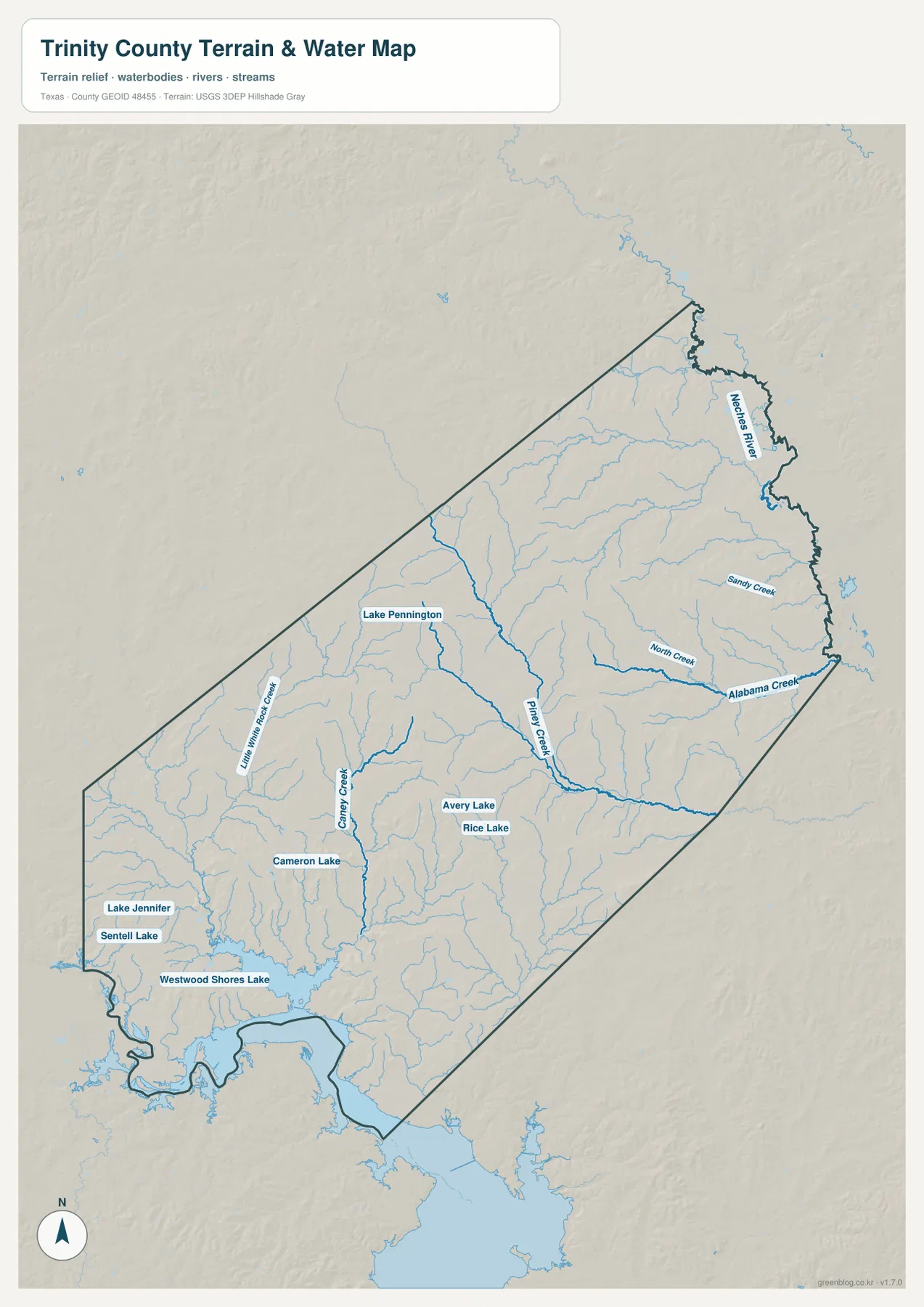 Trinity County water map showing Neches River, Piney Creek, Alabama Creek, North Creek, Lake Pennington, Avery Lake, and Westwood Shores Lake