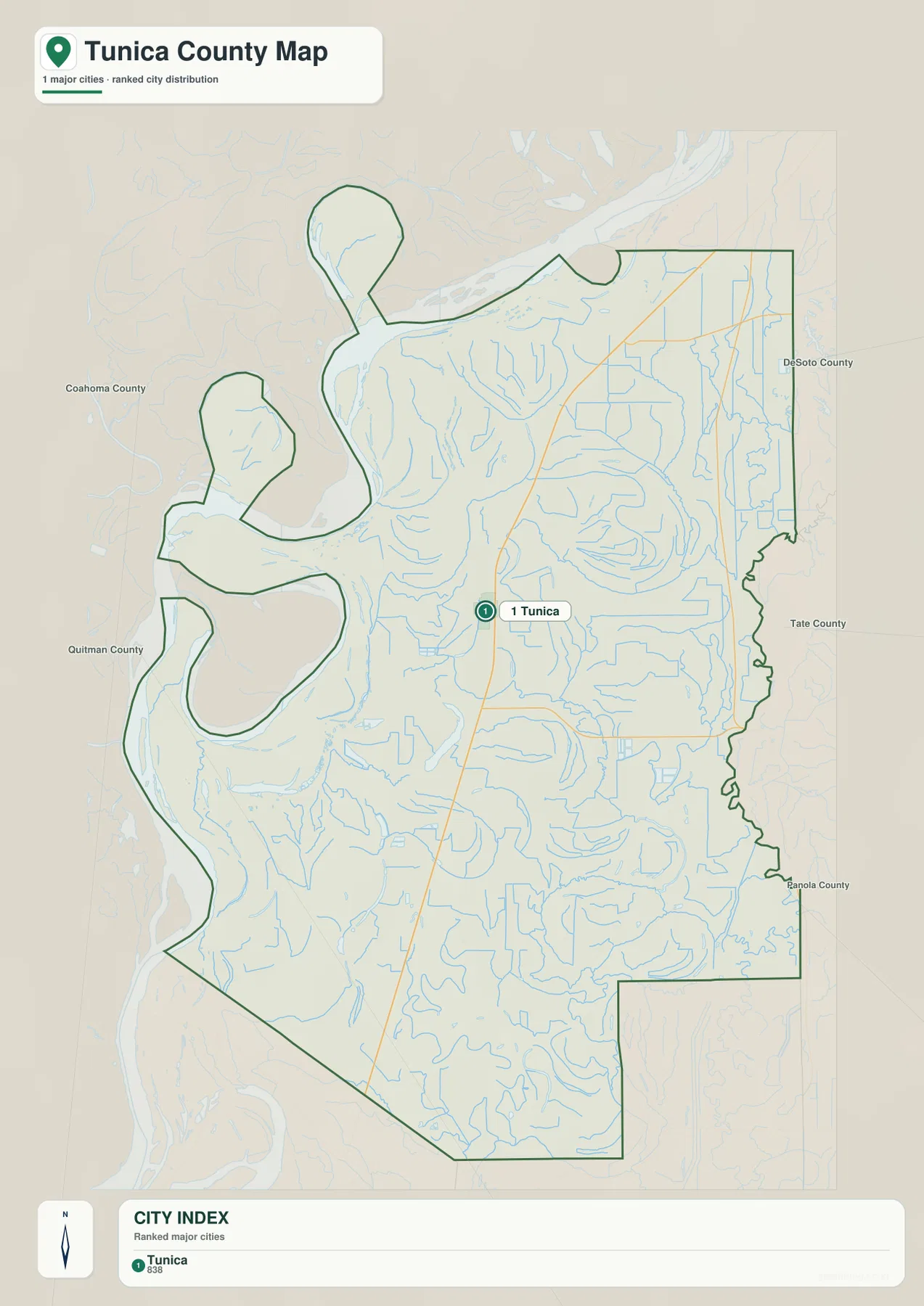 Tunica County 도시 지도 - Tunica와 주변 DeSoto, Tate, Panola, Quitman, Coahoma County 방향