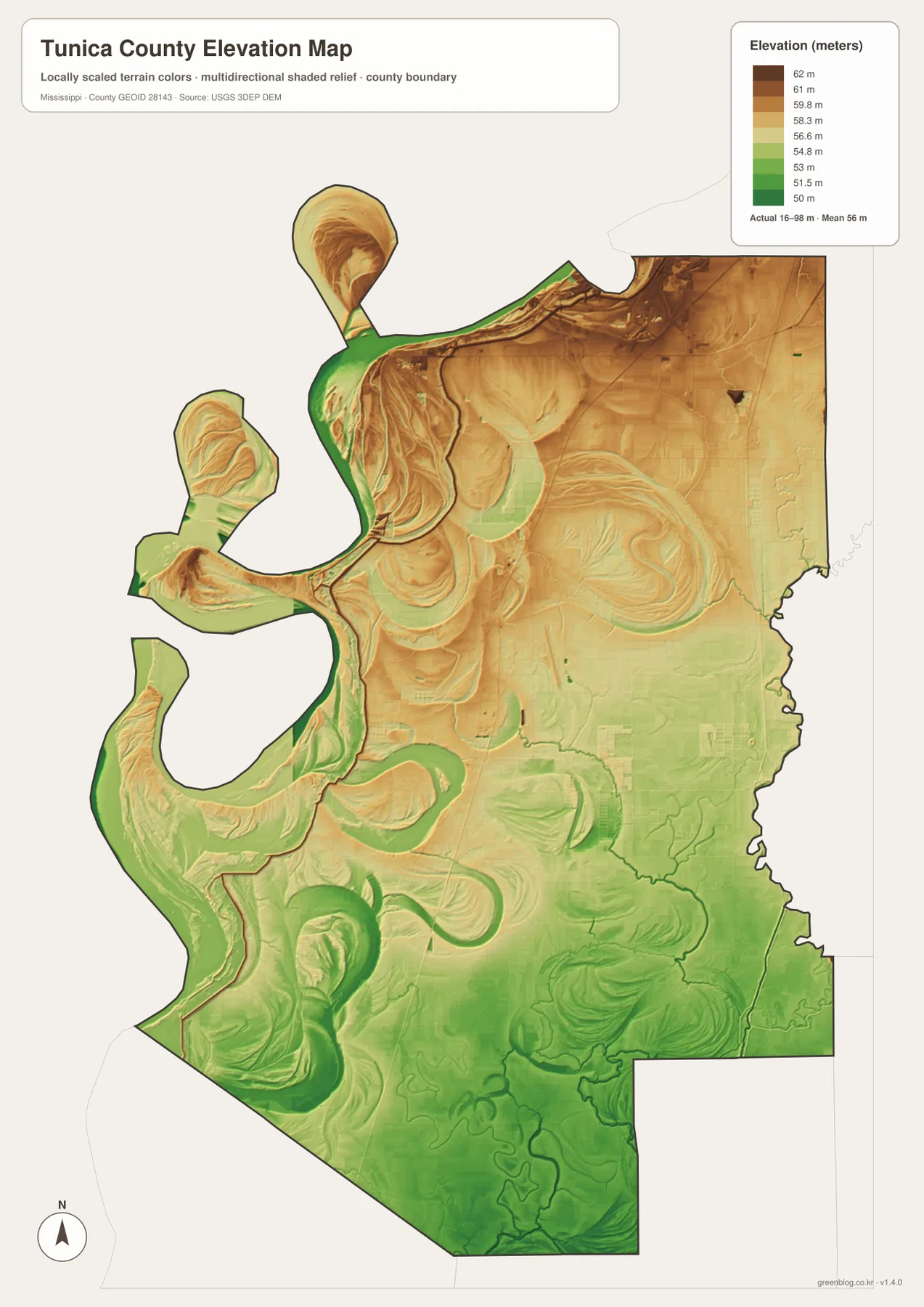 Tunica County 고도 지도 - 실제 약 16~98m의 Mississippi Delta 평야와 옛 하도 주변 저지대