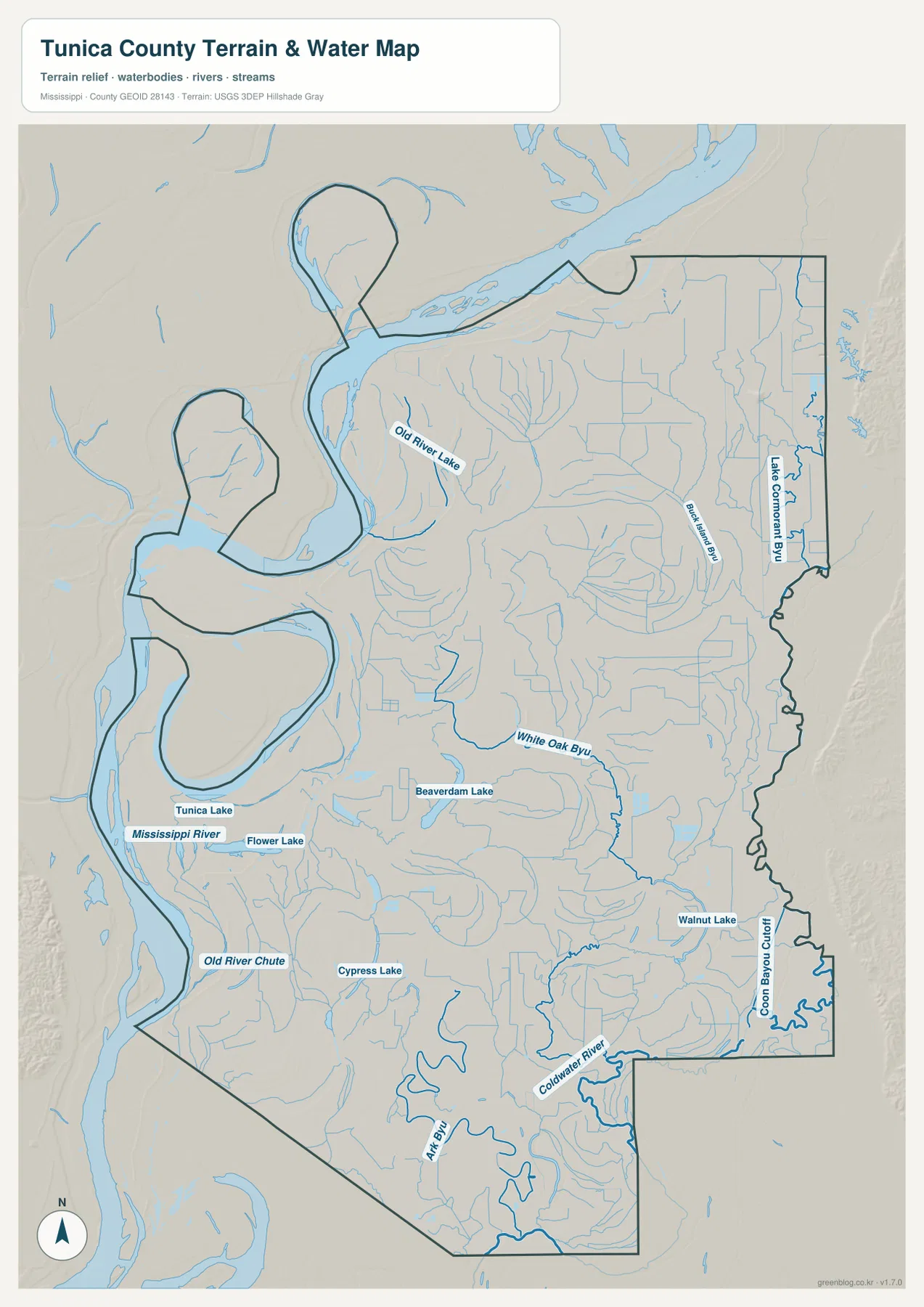 Tunica County 수역 지도 - Mississippi River, Old River Lake, Tunica Lake, White Oak Bayou, Coldwater River